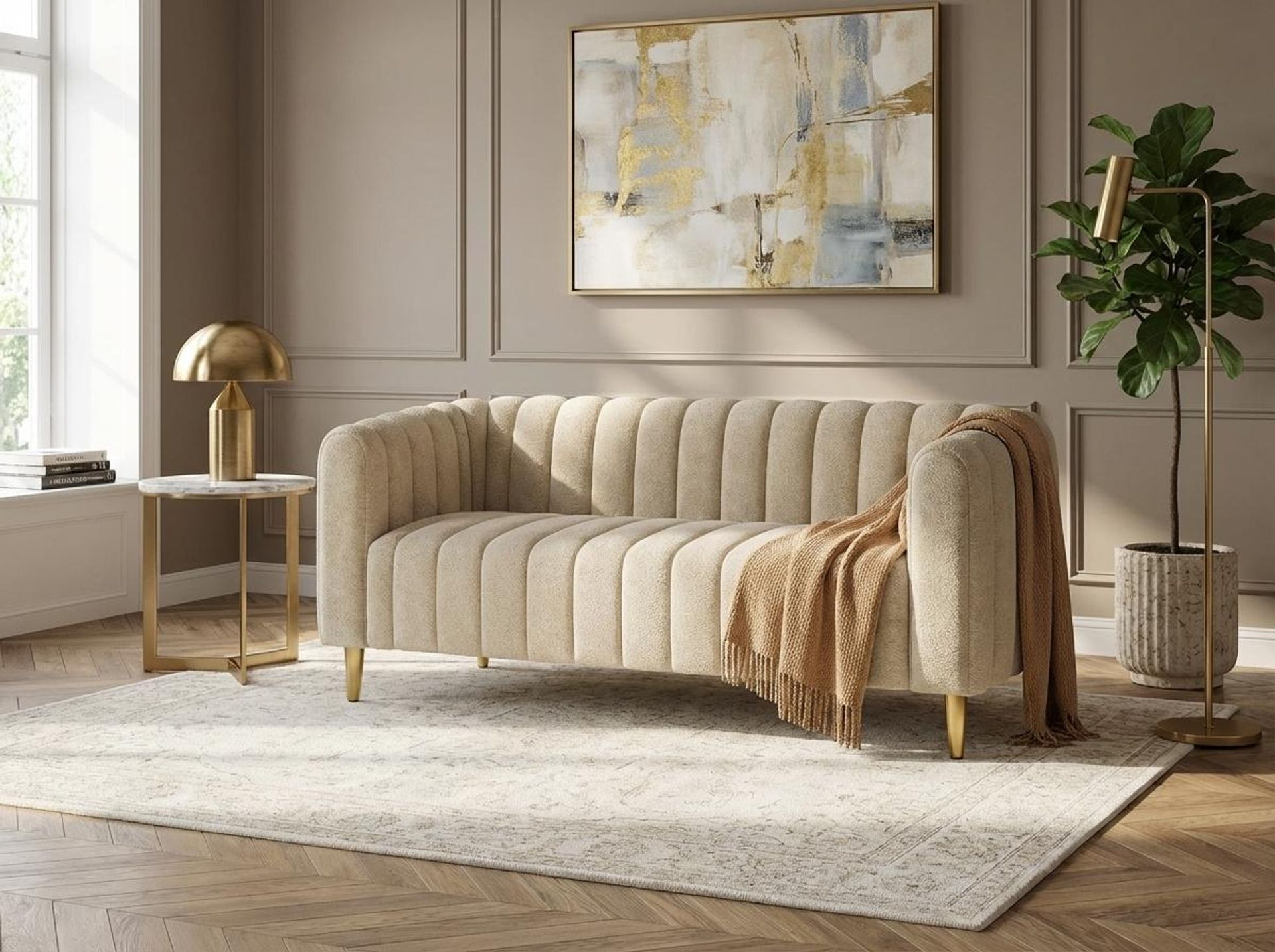 Hayden Home Premium Sydney 2 Seater Sofa, PVD Brushed Gold Leg, Essential Sand Upholstery