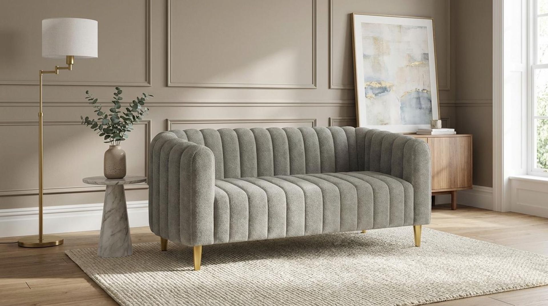 Hayden Home Premium Sydney 2 Seater Sofa, PVD Brushed Gold Leg, Essential Bone Upholstery