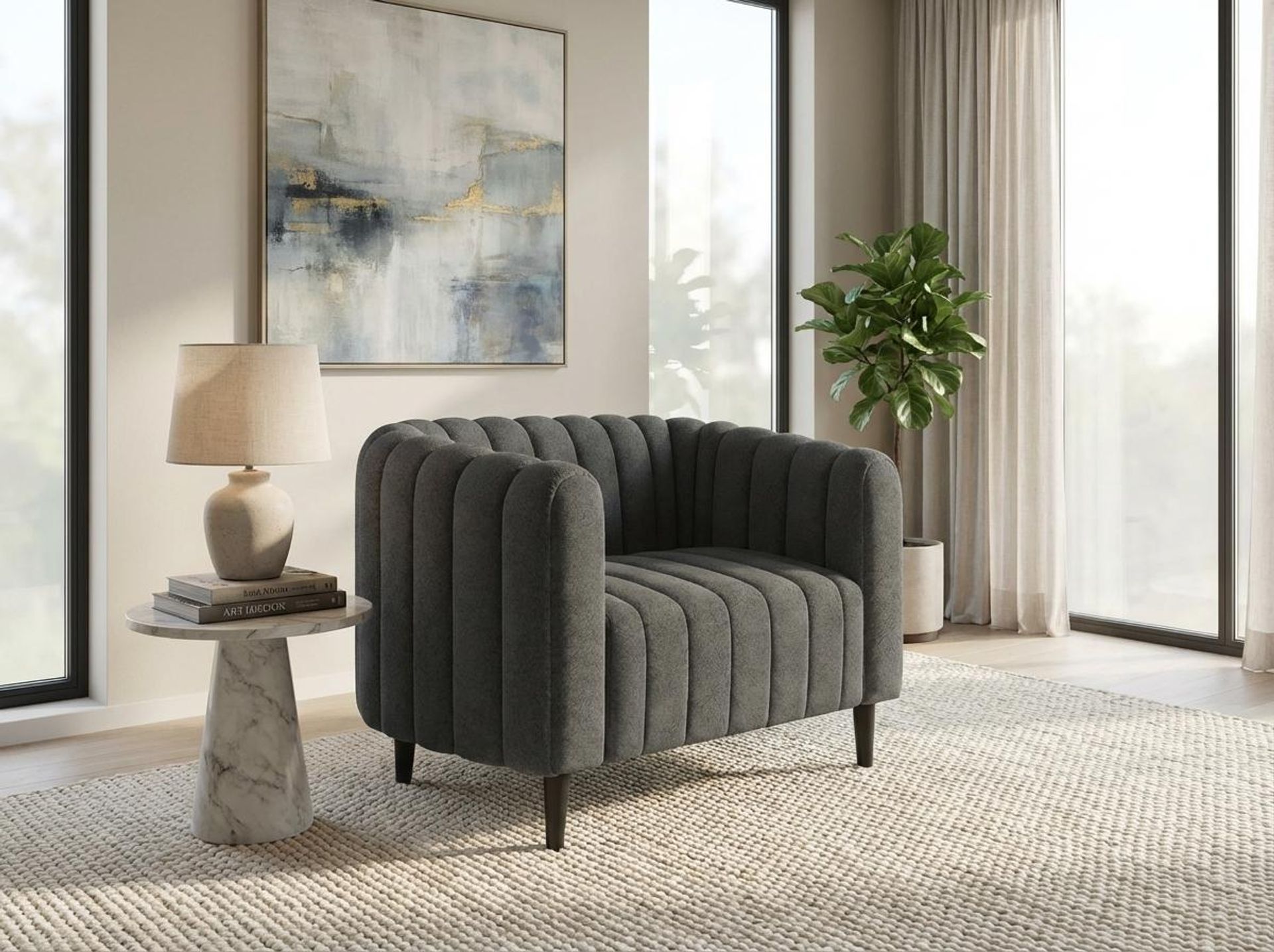 Hayden Home Premium Sydney 1 Seater Sofa, Matt Black Leg, Essential Frost Upholstery