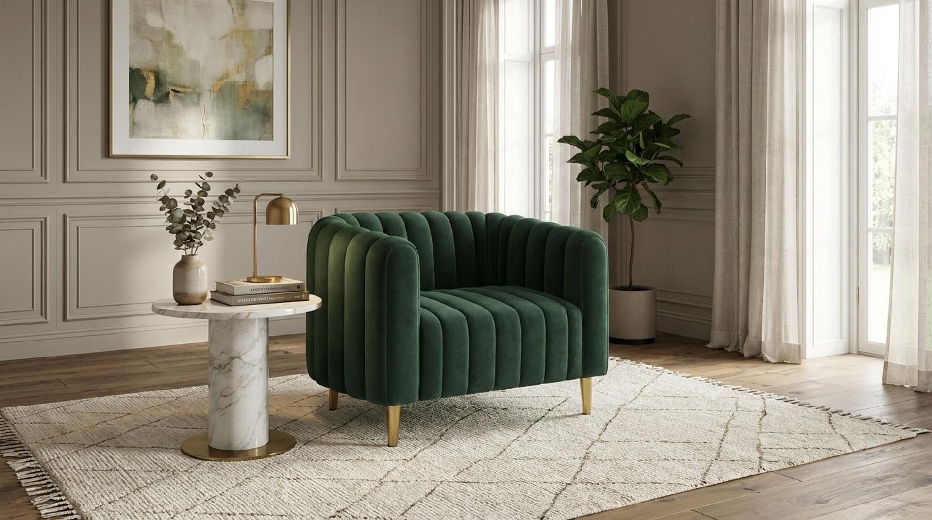 Hayden Home Premium Sydney 1 Seater Sofa, PVD Brushed Gold Leg, Premium Powder Green Upholstery