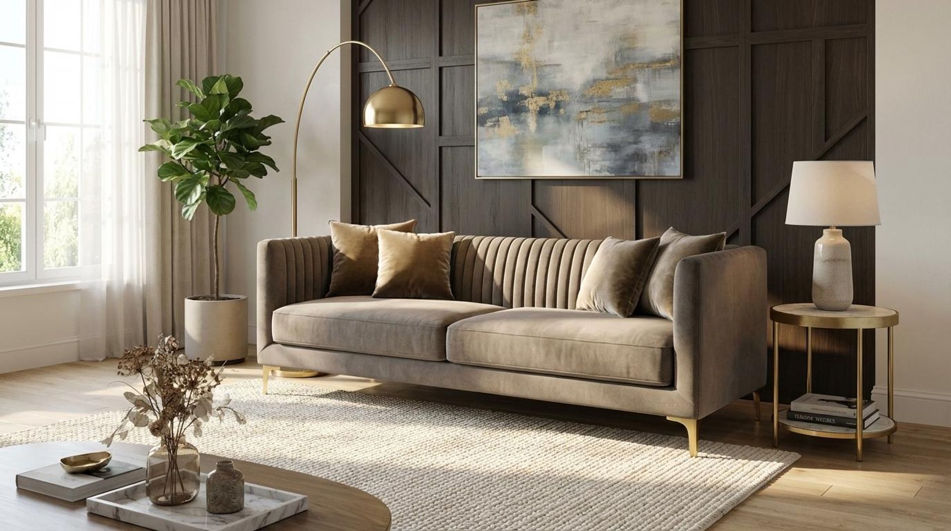 Hayden Home Premium Tokyo 3 Seater Sofa, PVD Brushed Gold Leg, Essential Chestnut Brown Upholstery