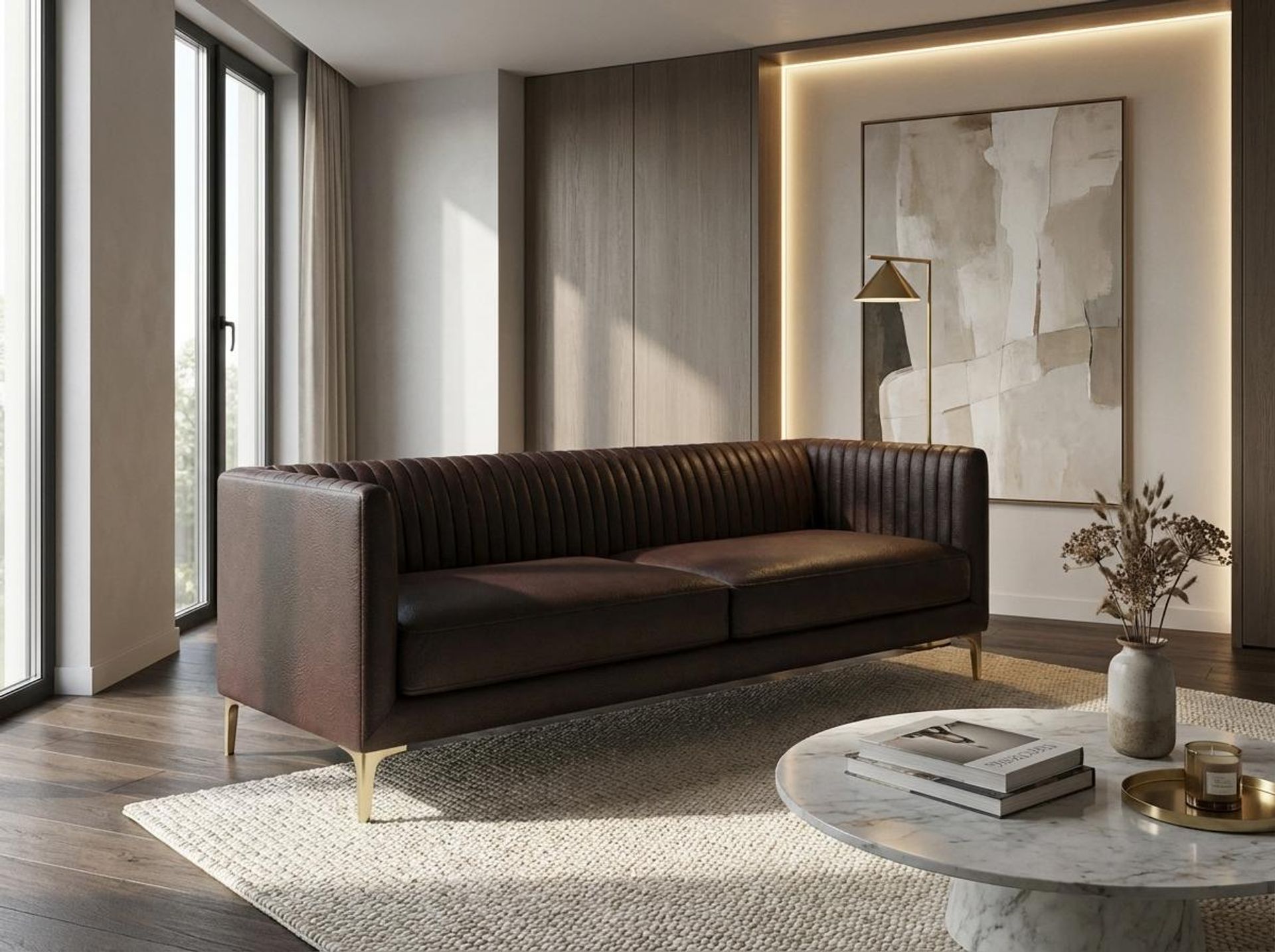 Hayden Home Premium Tokyo 3 Seater Sofa, PVD Brushed Gold Leg, Essential Beige Brown Upholstery