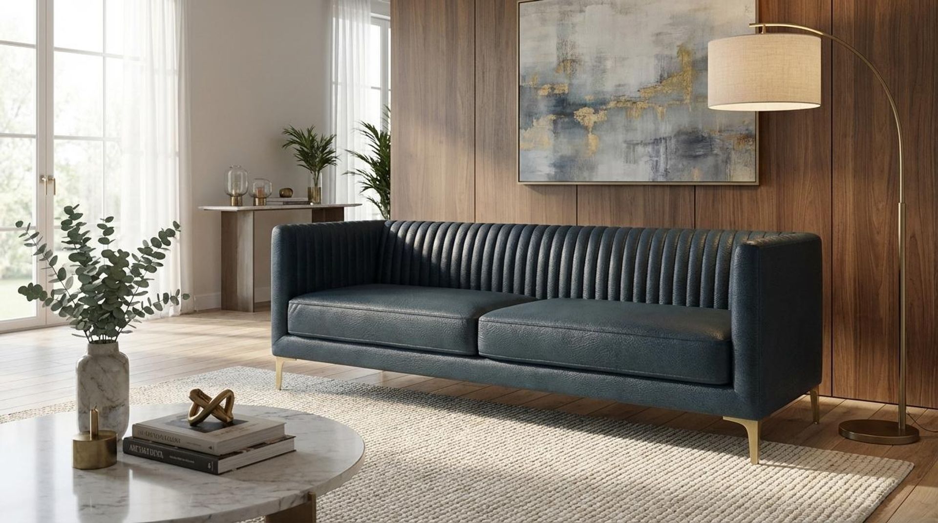 Hayden Home Premium Tokyo 3 Seater Sofa, PVD Brushed Gold Leg, Essential Vintage Blue Upholstery