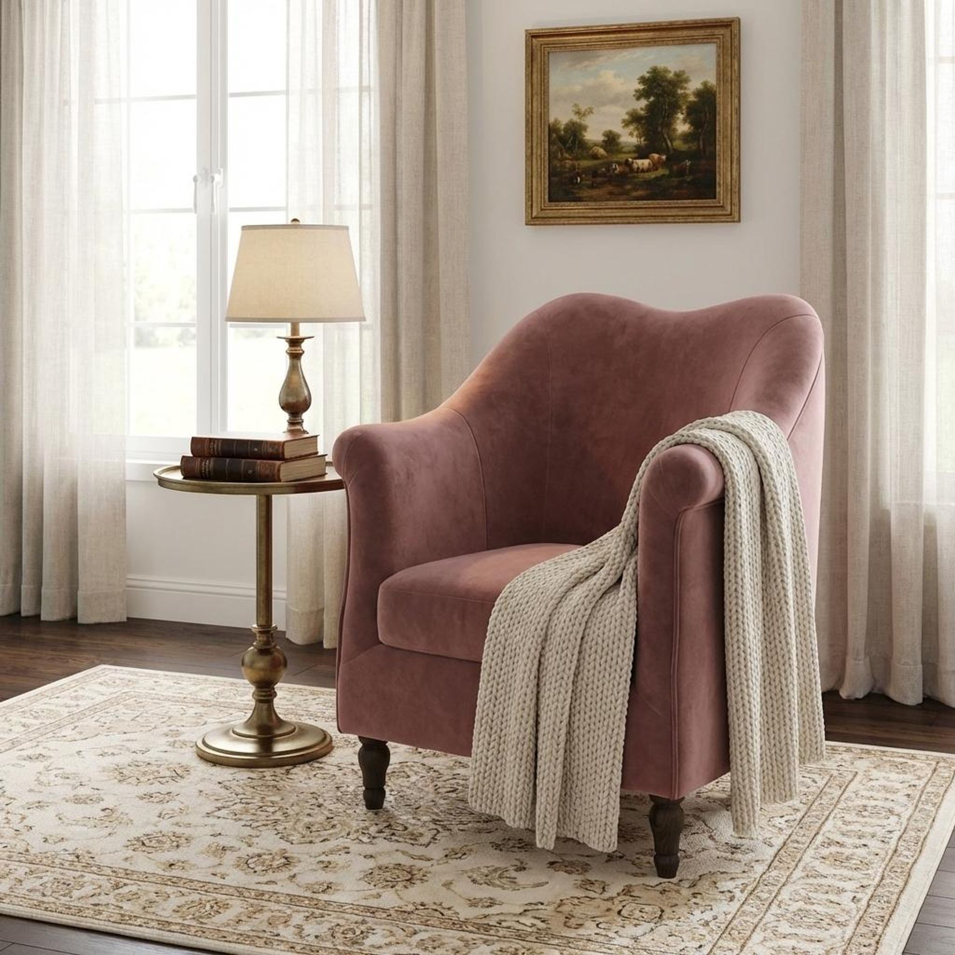 Hayden Home Premium Vienna 1 Seater Sofa, Coco Walnut Leg, Premium Ballet Pink Upholstery