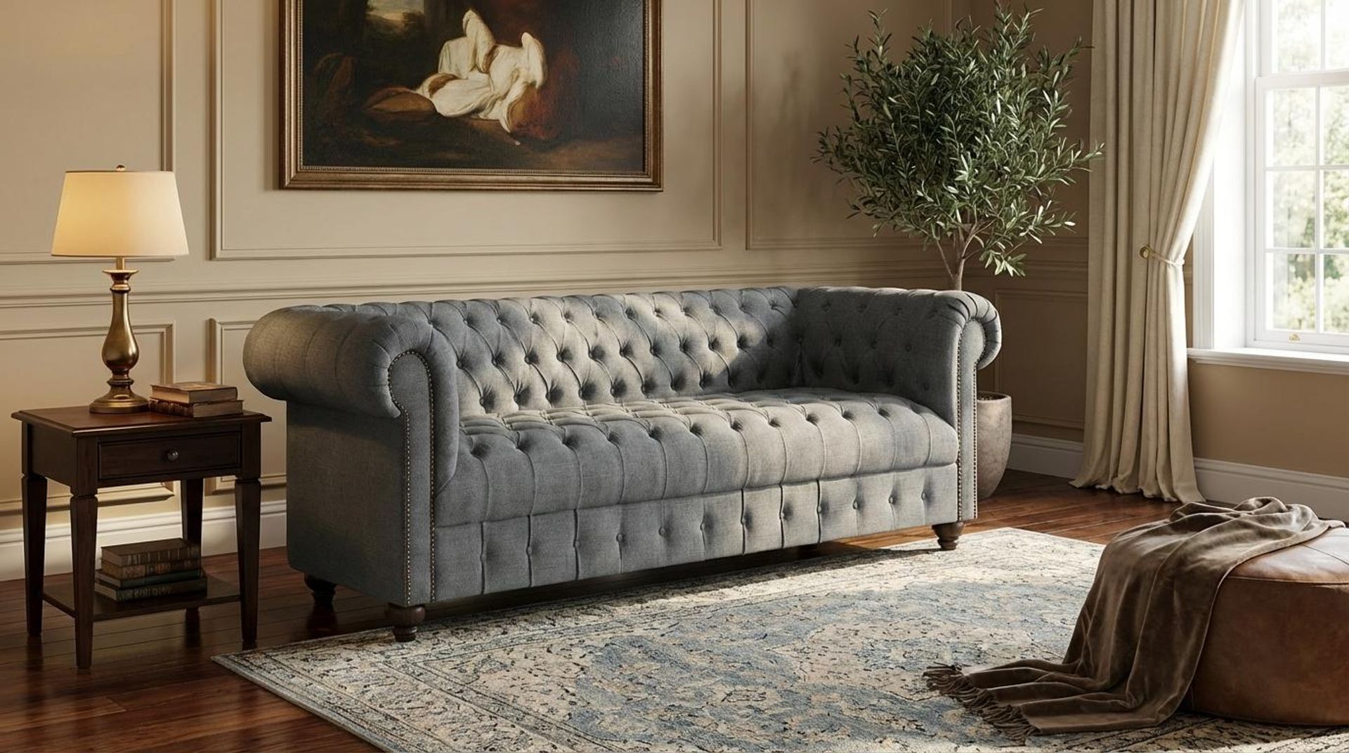 Hayden Home Premium Windsor 3 Seater Sofa, Coco Walnut Leg, Premium Steel Grey Upholstery