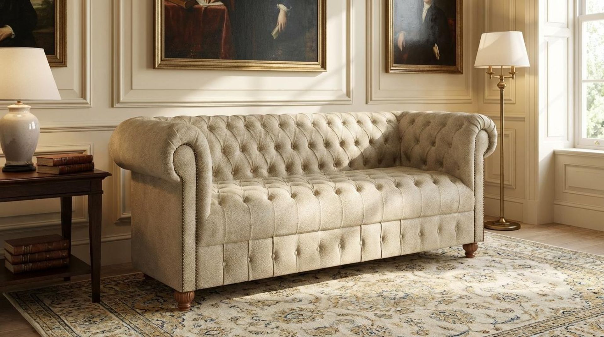 Hayden Home Premium Windsor 3 Seater Sofa, Warm Cedar Leg, Essential Sand Upholstery