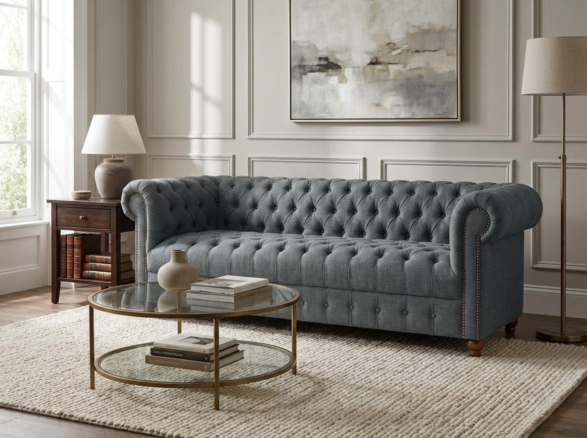 Hayden Home Premium Windsor 3 Seater Sofa, Warm Cedar Leg, Premium Steel Grey Upholstery
