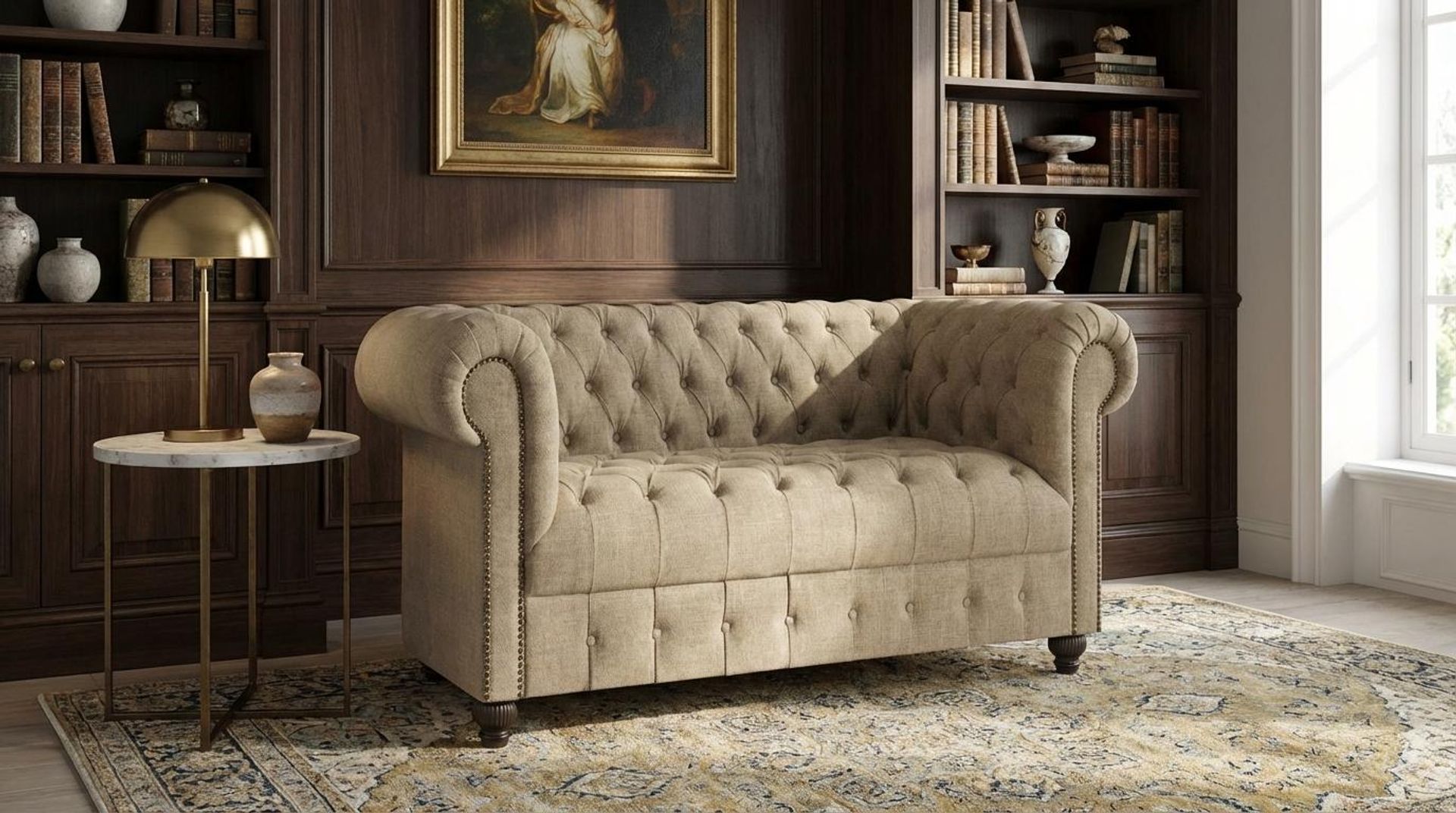 Hayden Home Premium Windsor 2 Seater Sofa, Coco Walnut Leg, Premium Dusky Biege Upholstery