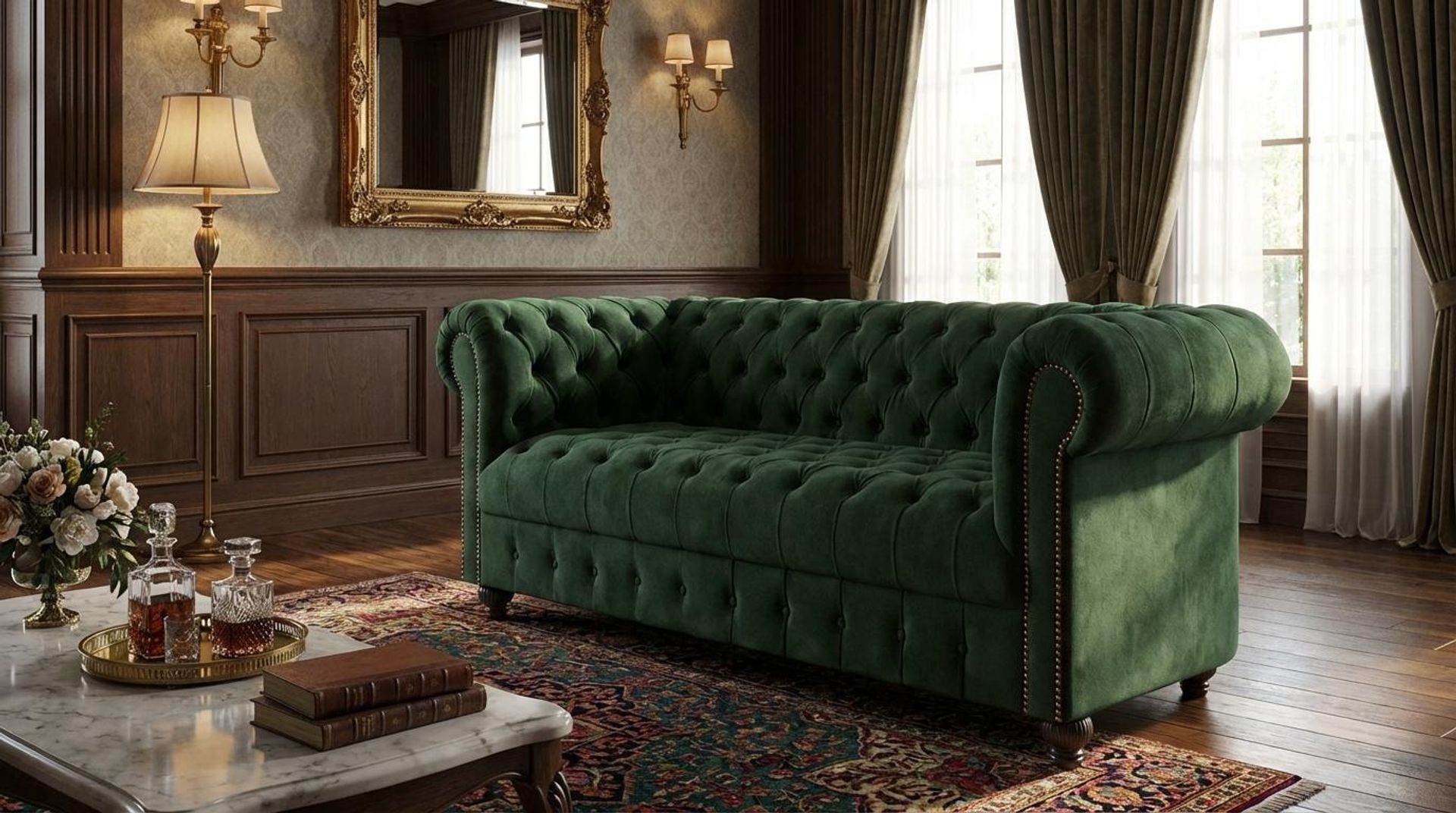 Hayden Home Premium Windsor 2 Seater Sofa, Coco Walnut Leg, Premium Emerald Upholstery