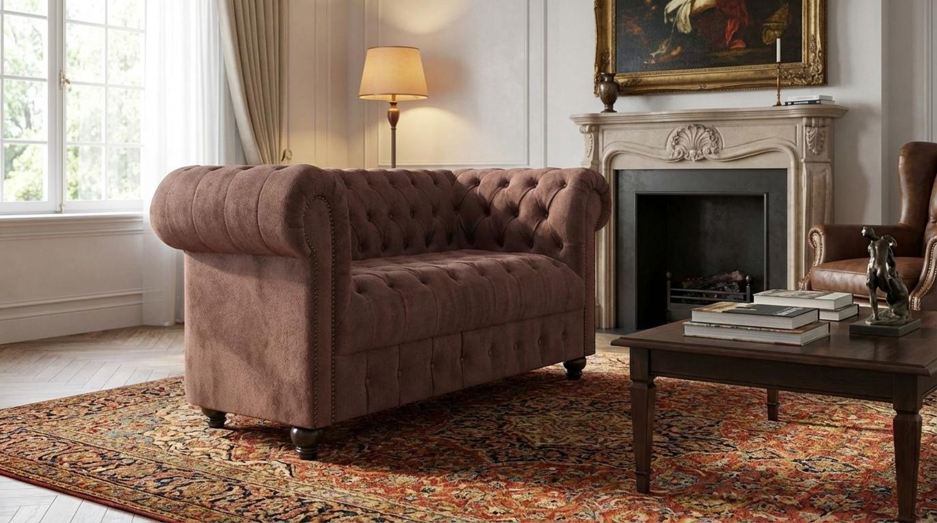 Hayden Home Premium Windsor 2 Seater Sofa, Coco Walnut Leg, Premium Ballet Pink Upholstery