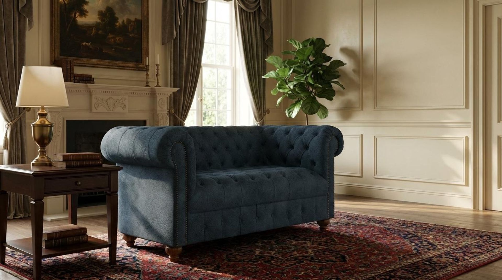Hayden Home Premium Windsor 2 Seater Sofa, Warm Cedar Leg, Essential Vintage Blue Upholstery