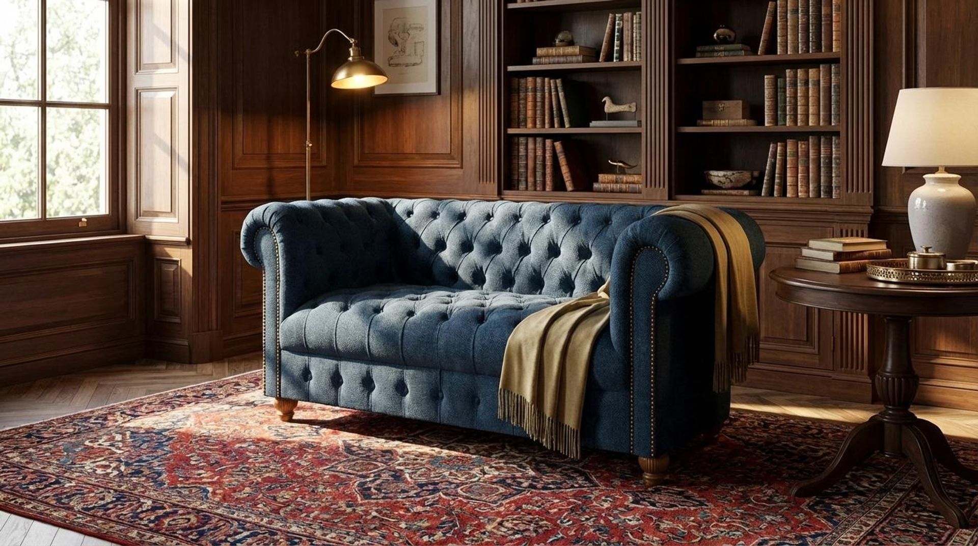 Hayden Home Premium Windsor 2 Seater Sofa, Warm Cedar Leg, Premium Steel Blue Upholstery