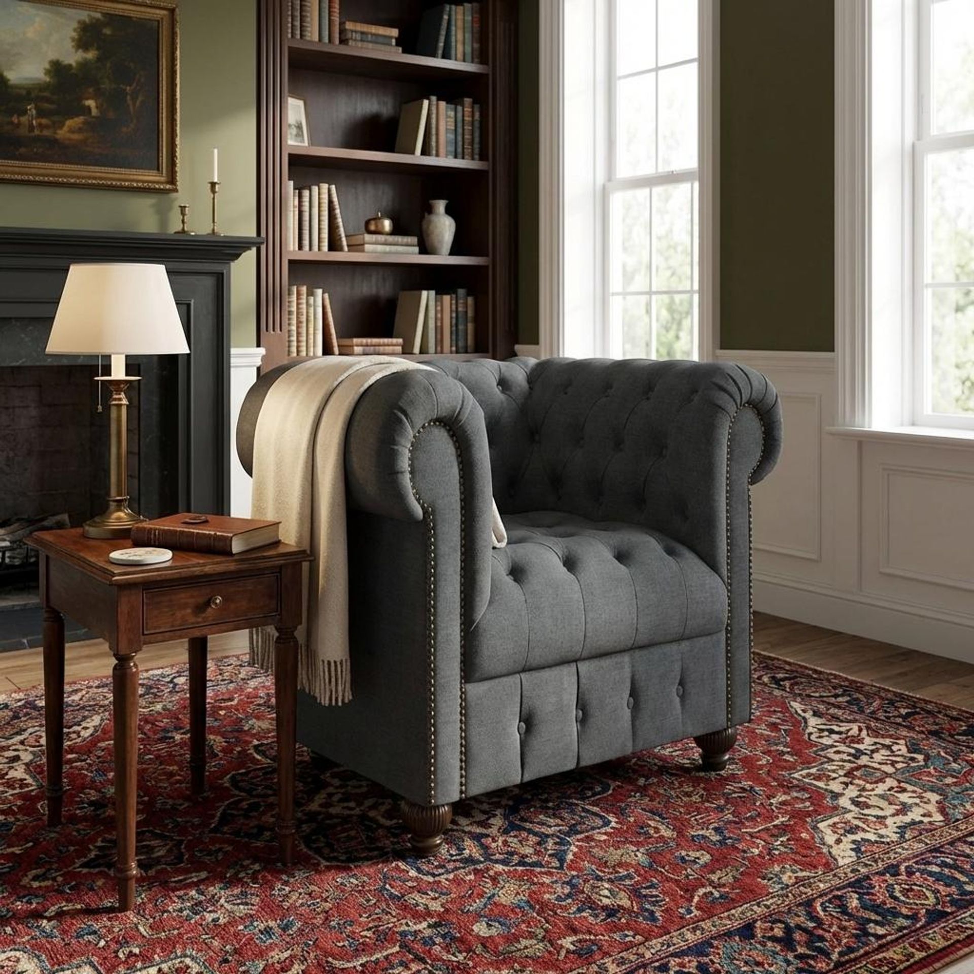 Hayden Home Premium Windsor 1 Seater Sofa, Coco Walnut Leg, Premium Steel Grey Upholstery