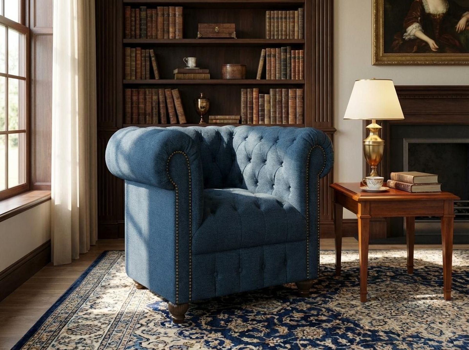 Hayden Home Premium Windsor 1 Seater Sofa, Coco Walnut Leg, Premium Steel Blue Upholstery