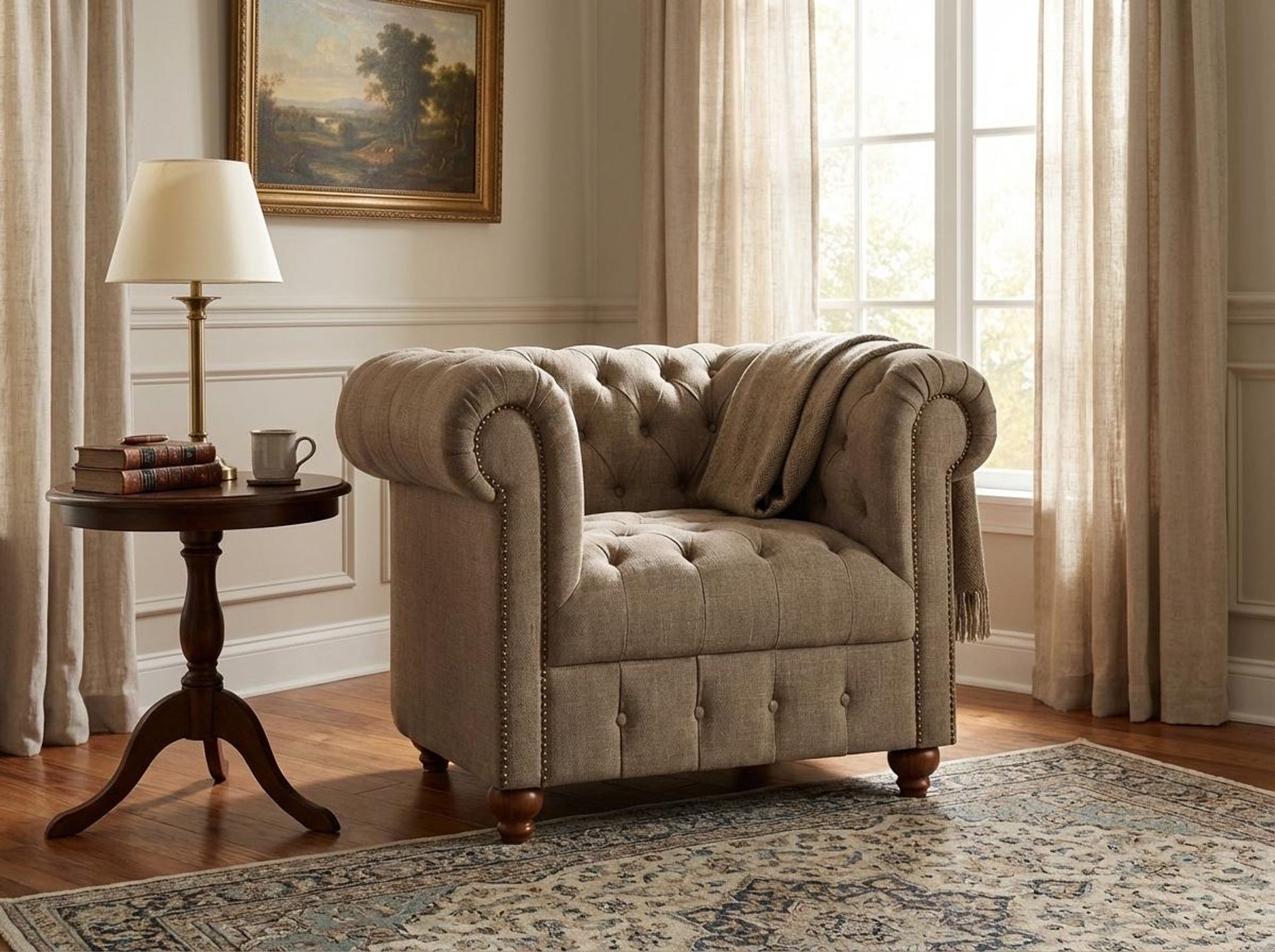 Hayden Home Premium Windsor 1 Seater Sofa, Warm Cedar Leg, Premium Dusky Biege Upholstery