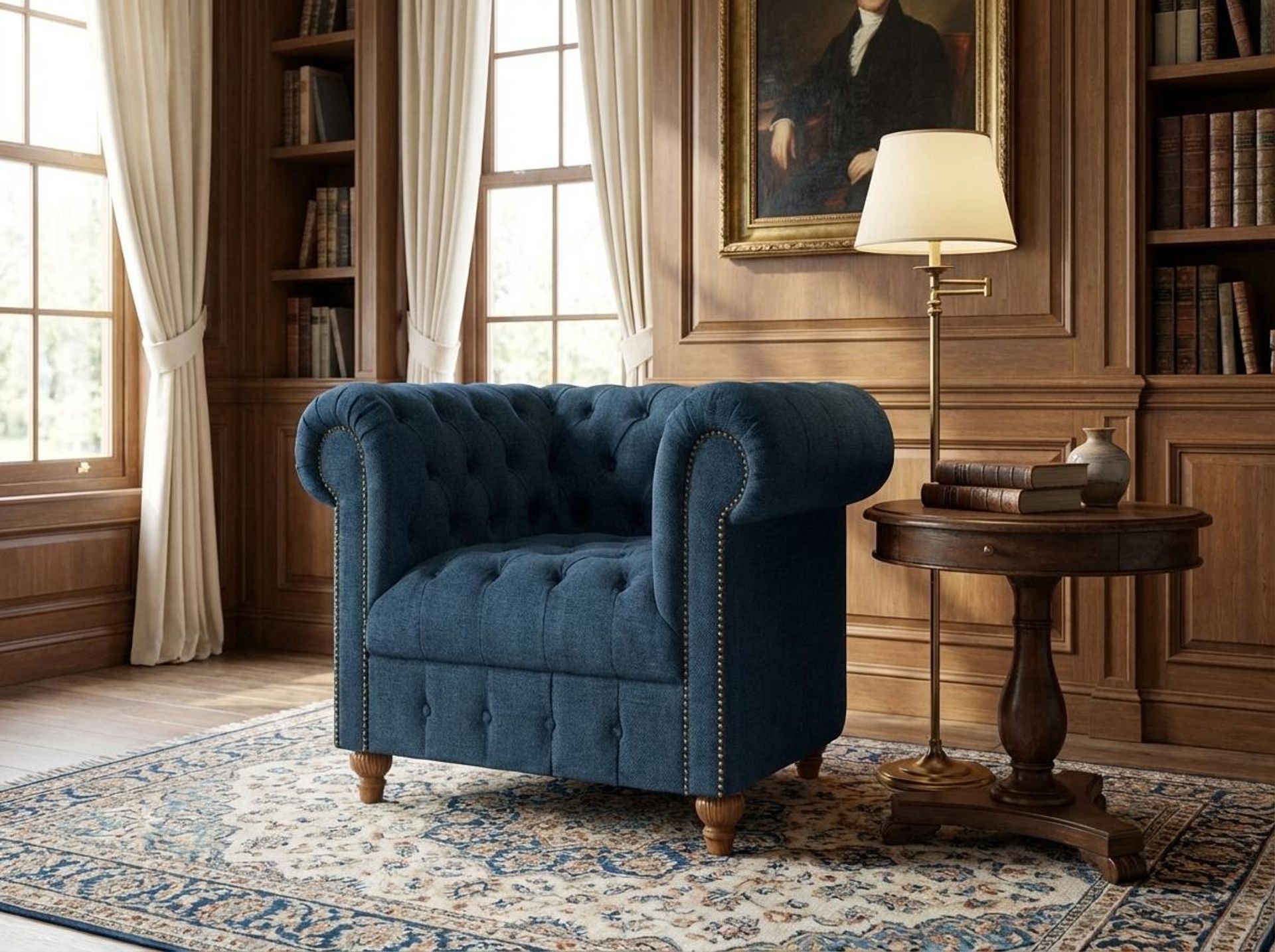 Hayden Home Premium Windsor 1 Seater Sofa, Warm Cedar Leg, Premium Steel Blue Upholstery