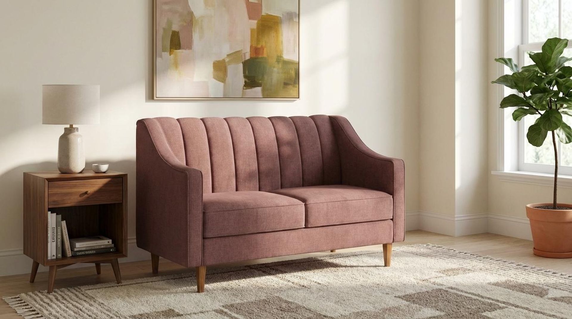 Hayden Home Premium Zurich 2 Seater Sofa, Warm Cedar Leg, Premium Ballet Pink Upholstery