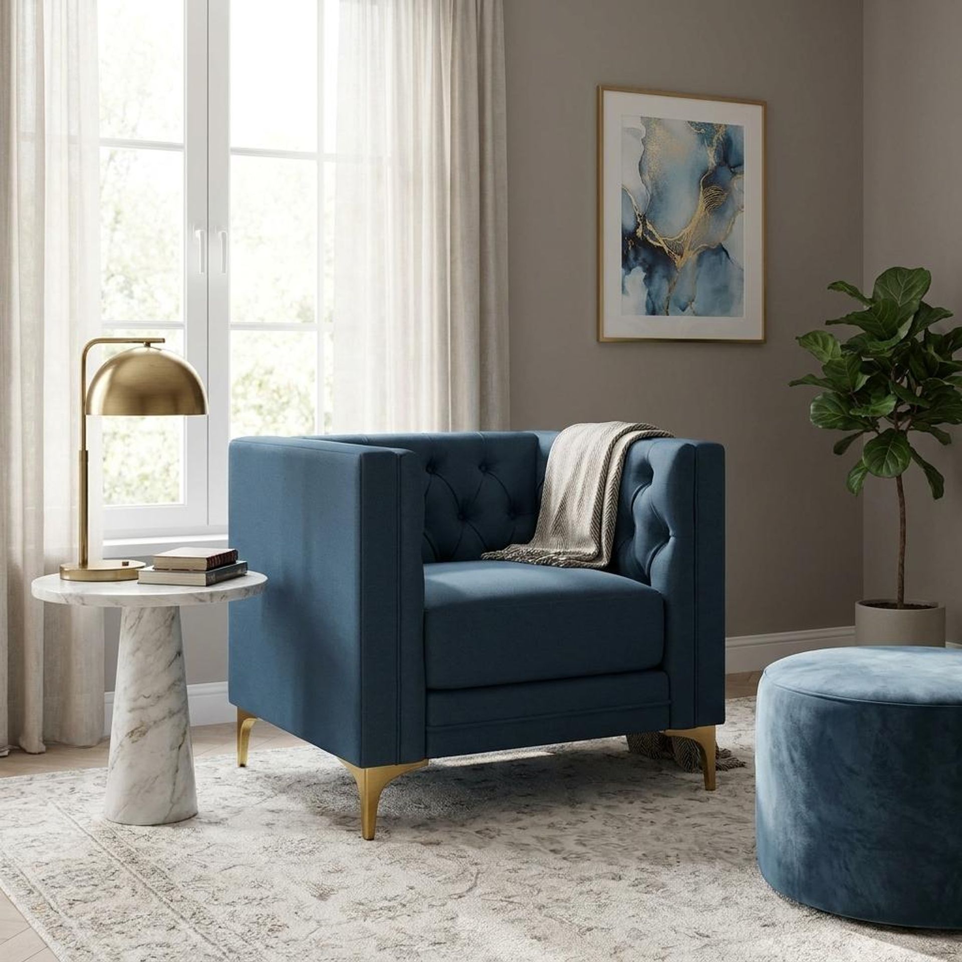Hayden Home Premium Oslo 1 Seater Sofa, PVD Brushed Gold Leg, Essential Aegean Blue Upholstery