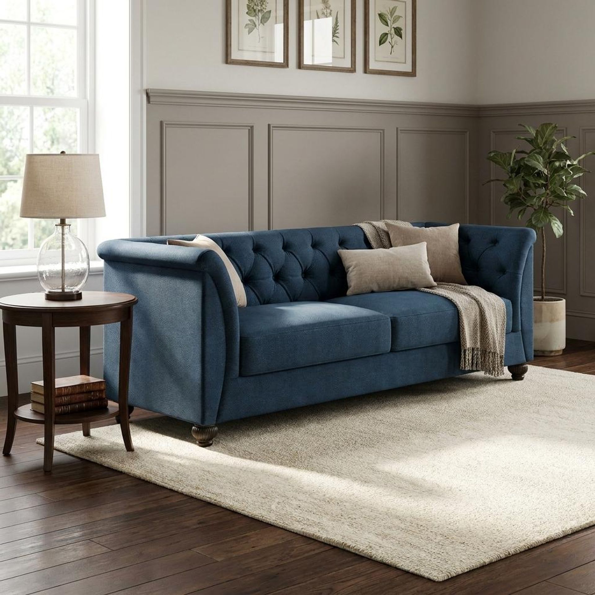 Hayden Home Premium Victoria 3 Seater Sofa, Coco Walnut Leg, Premium Steel Blue Upholstery