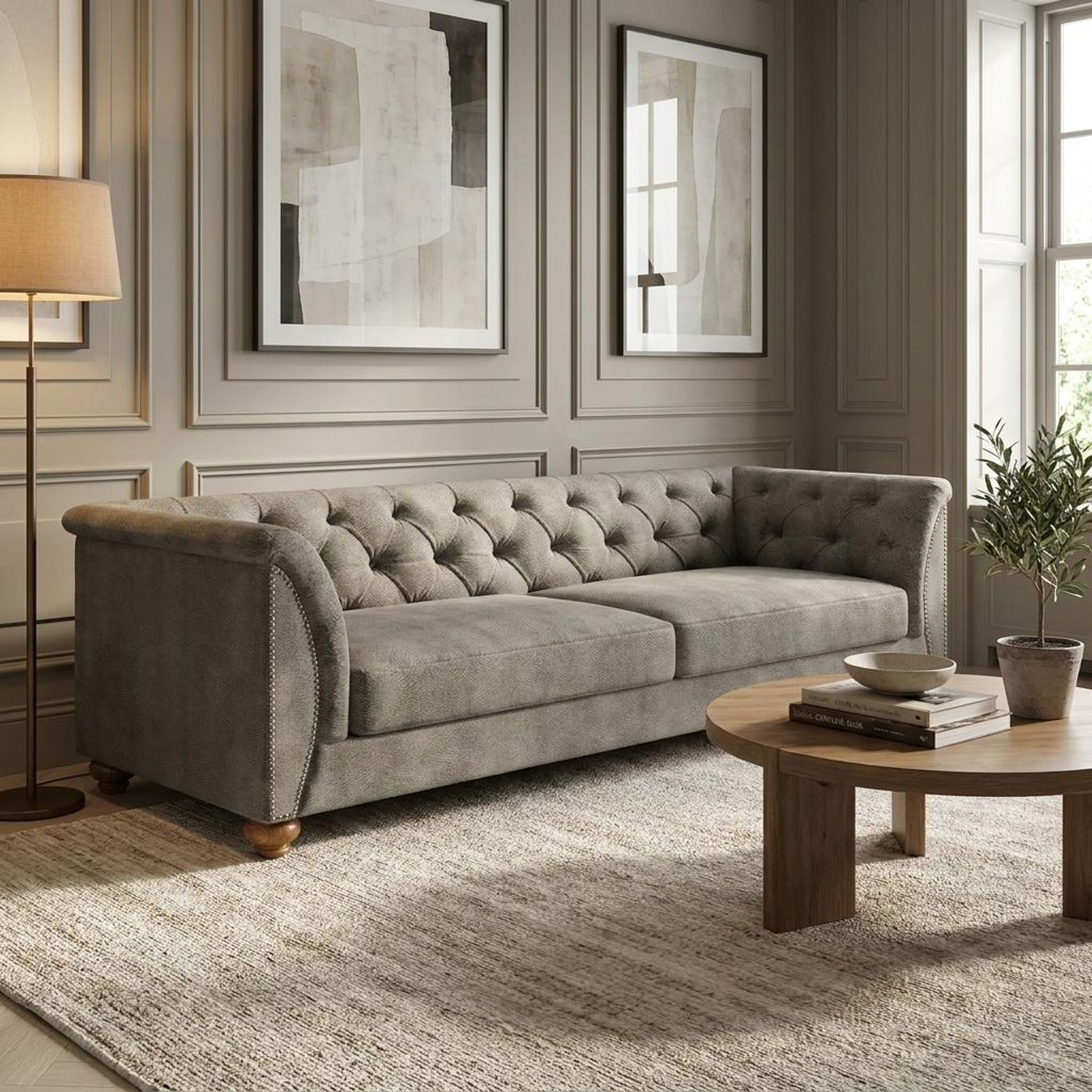 Hayden Home Premium Victoria 3 Seater Sofa, Warm Cedar Leg, Essential Biscuit Upholstery