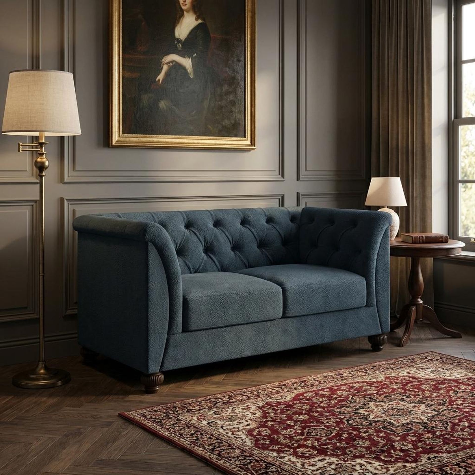 Hayden Home Premium Victoria 2 Seater Sofa, Coco Walnut Leg, Essential Vintage Blue Upholstery