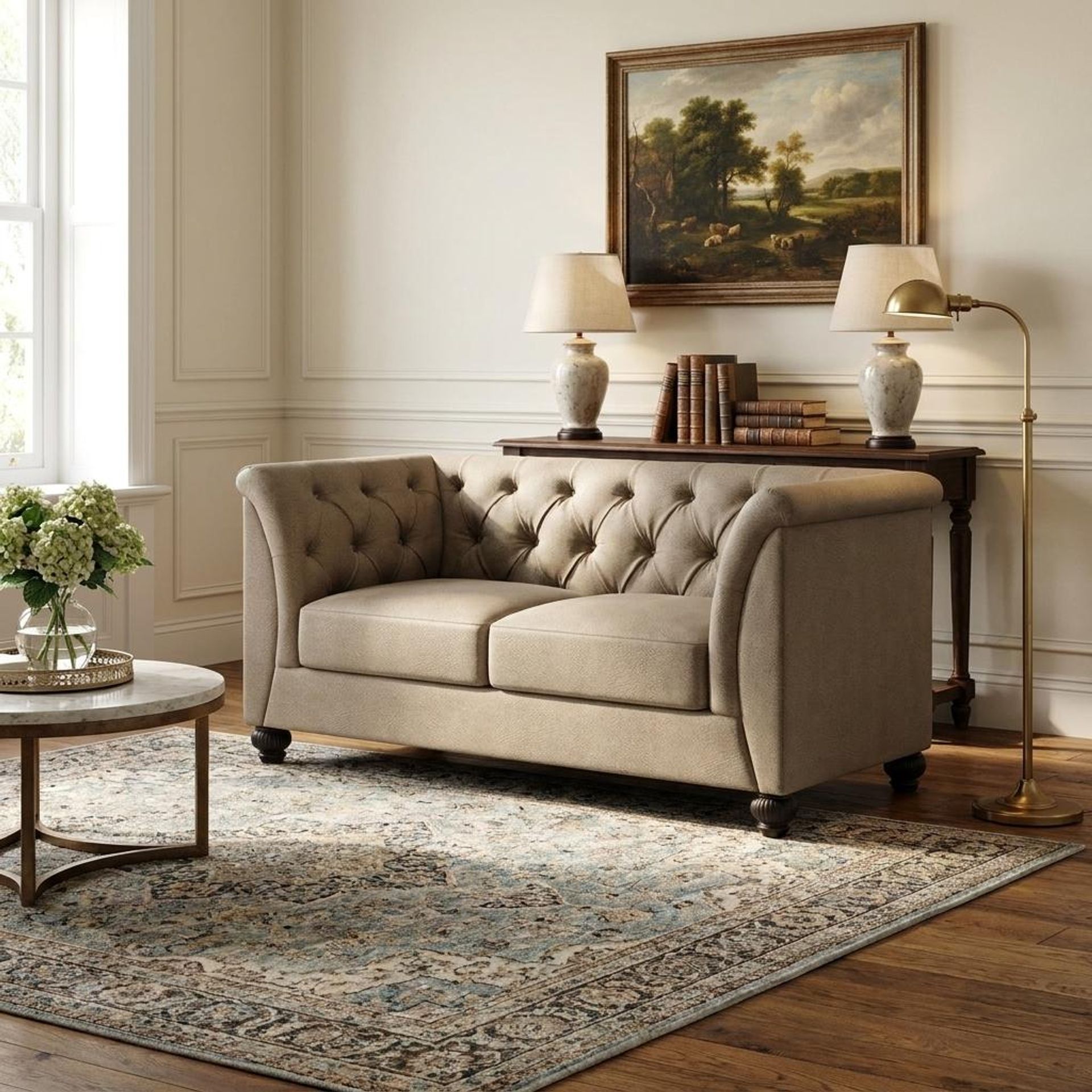 Hayden Home Premium Victoria 2 Seater Sofa, Coco Walnut Leg, Premium Alabaster Upholstery