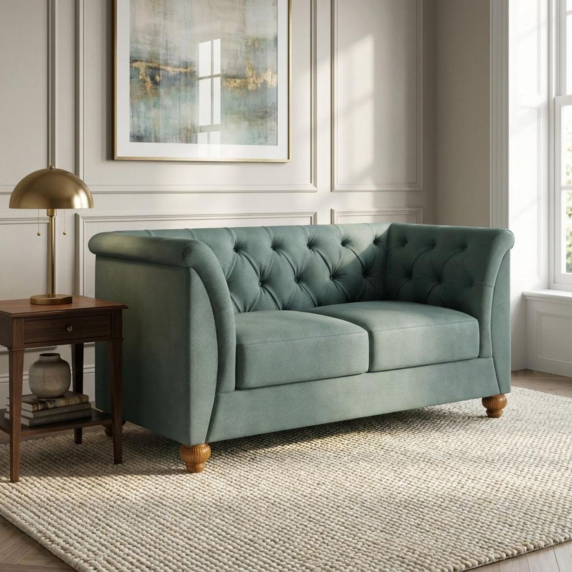 Hayden Home Premium Victoria 2 Seater Sofa, Warm Cedar Leg, Premium Mint Green Upholstery