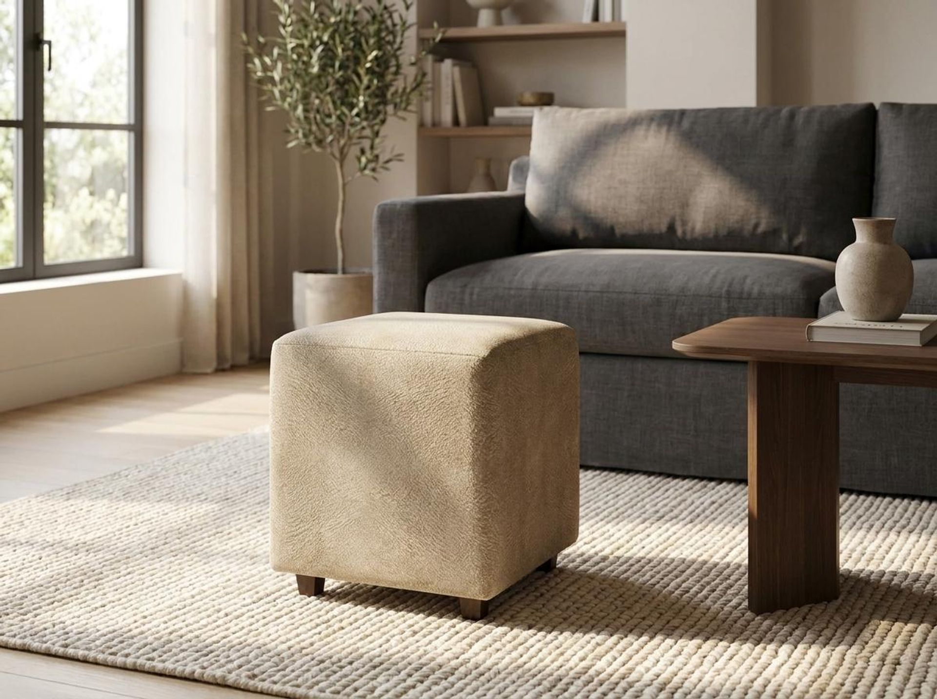 Hayden Home Premium Wooden Square Pouf, Coco Walnut Legs, Essential Sand Upholstery