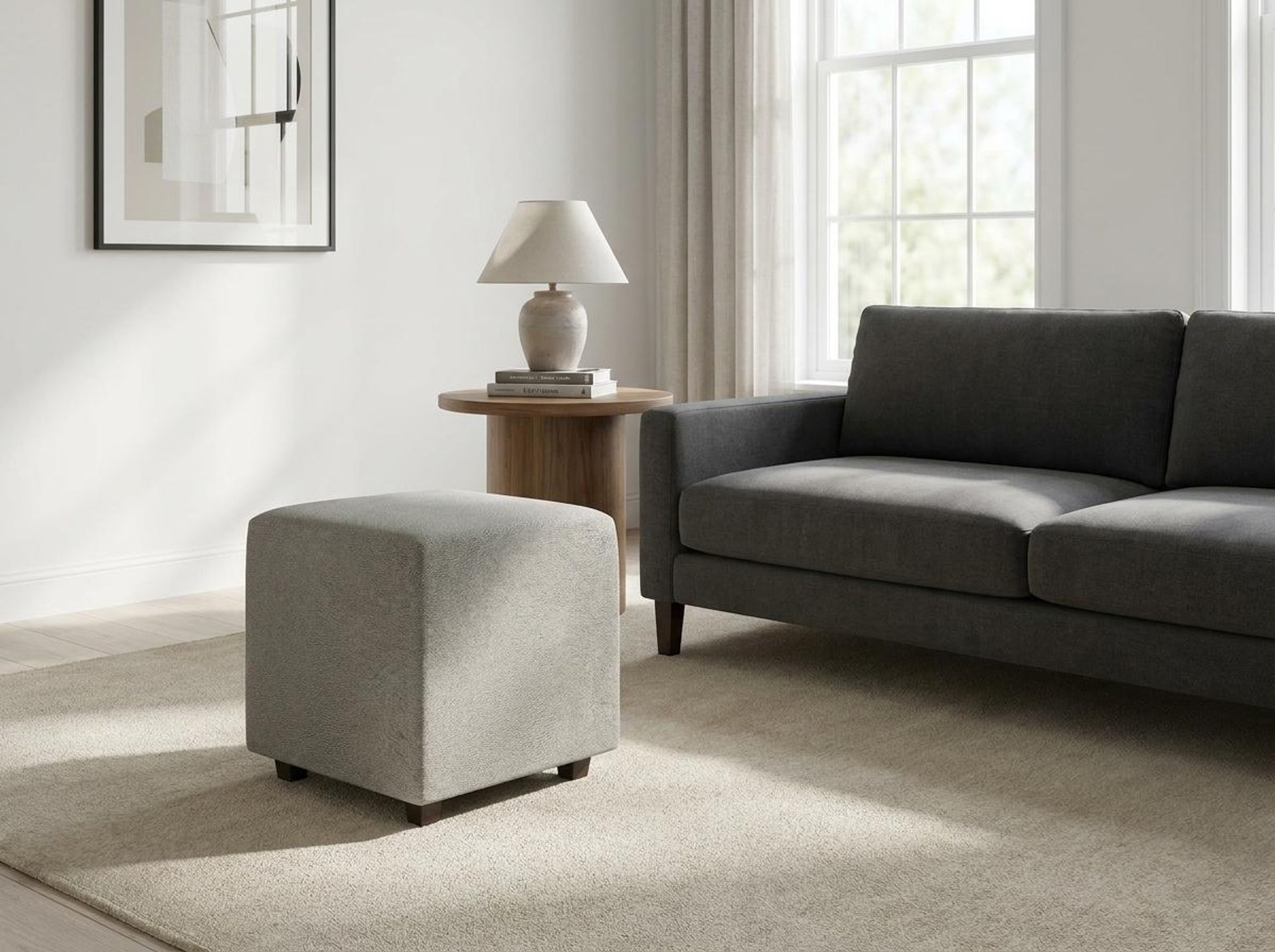 Hayden Home Premium Wooden Square Pouf, Coco Walnut Legs, Essential Bone Upholstery