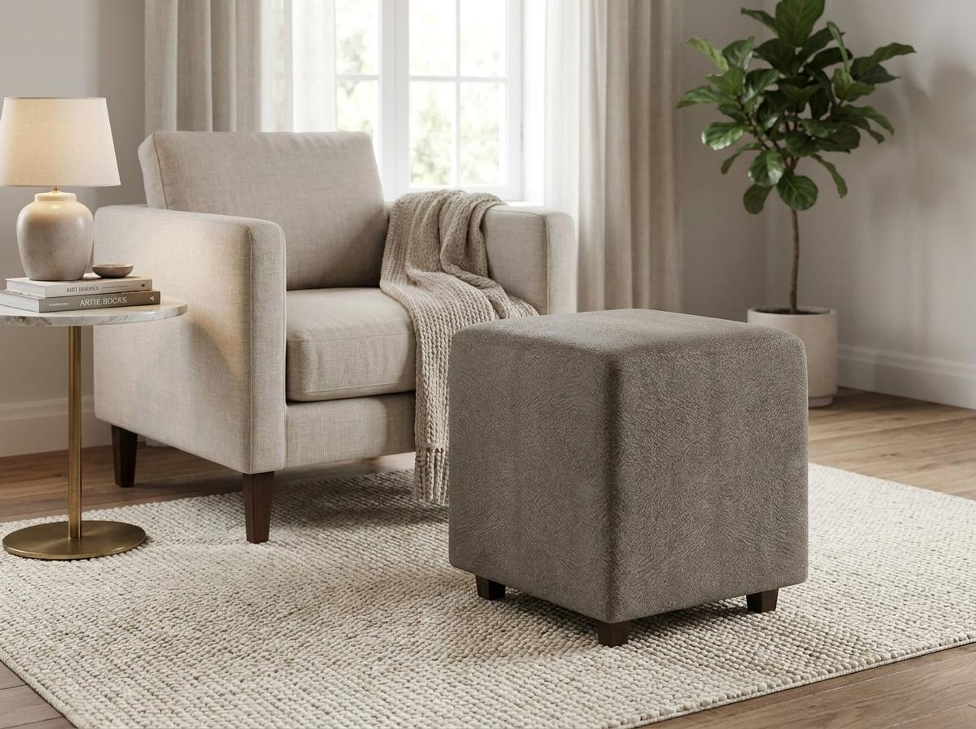 Hayden Home Premium Wooden Square Pouf, Coco Walnut Legs, Essential Biscuit Upholstery