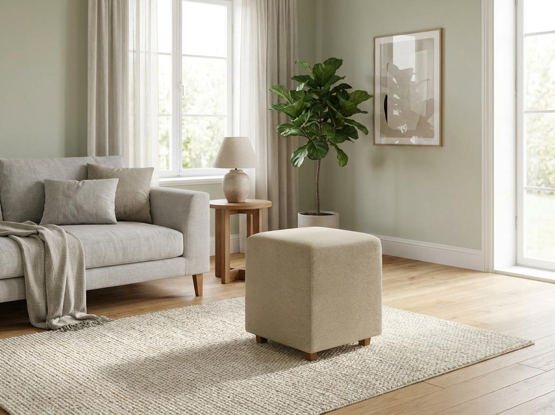 Hayden Home Premium Wooden Square Pouf, Warm Cedar Legs, Essential Sand Upholstery