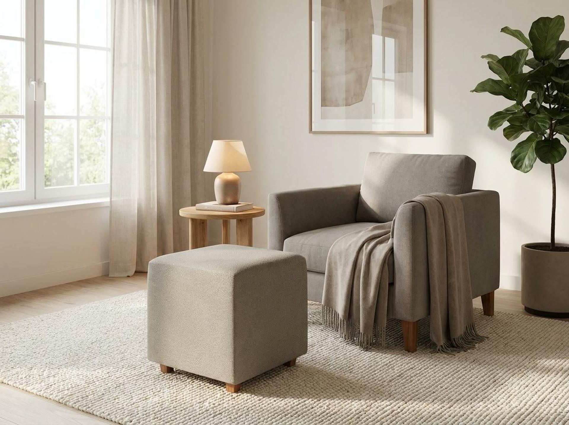 Hayden Home Premium Wooden Square Pouf, Warm Cedar Legs, Essential Bone Upholstery