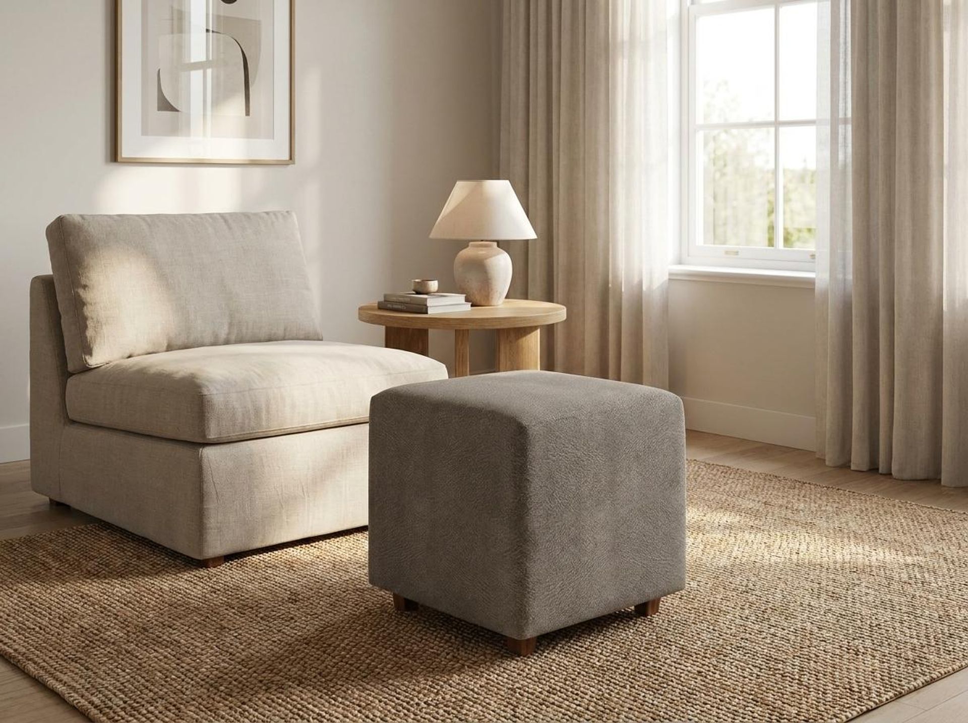 Hayden Home Premium Wooden Square Pouf, Warm Cedar Legs, Essential Biscuit Upholstery