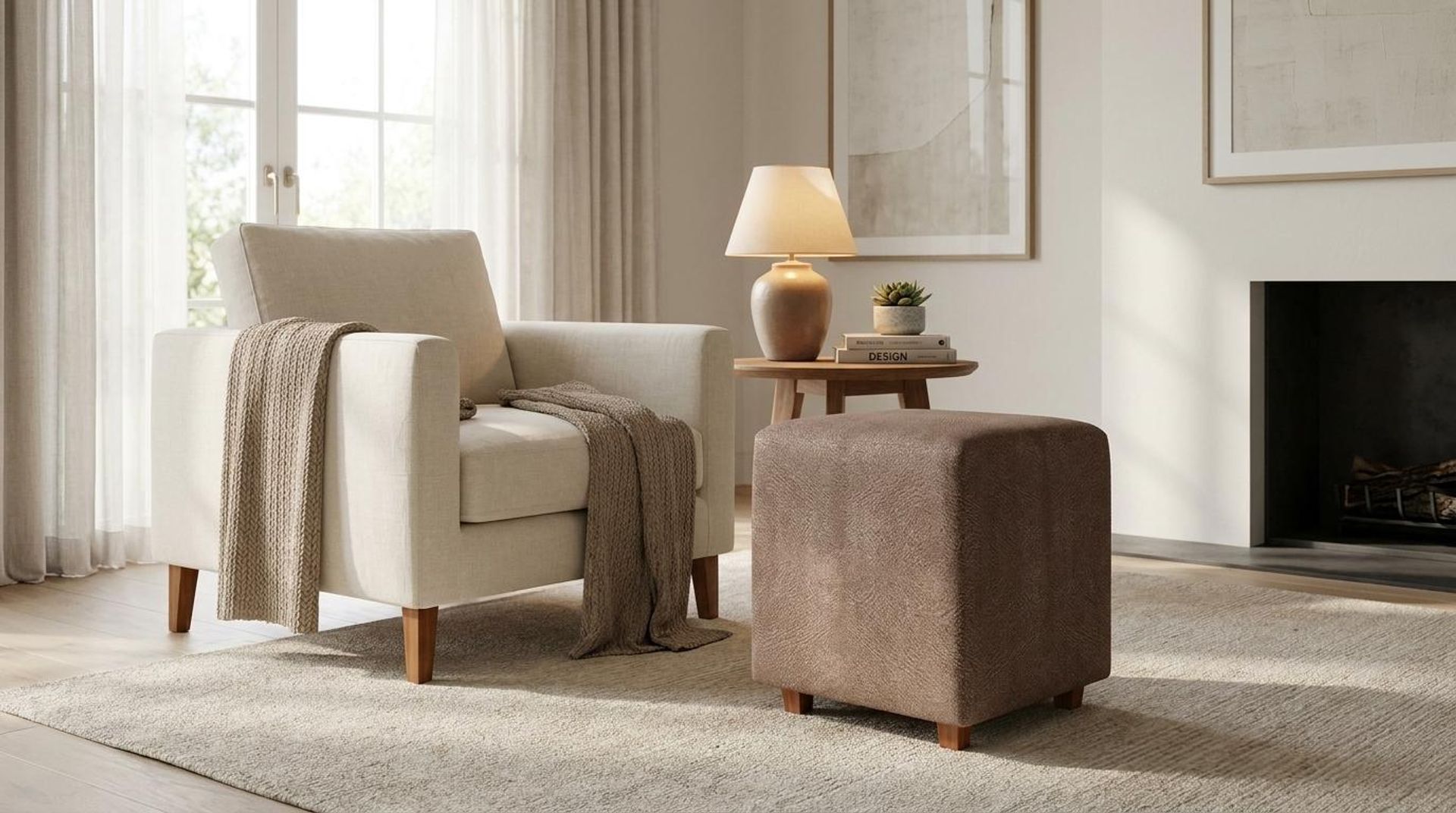 Hayden Home Premium Wooden Square Pouf, Warm Cedar Legs, Essential Ballet Slipper Upholstery