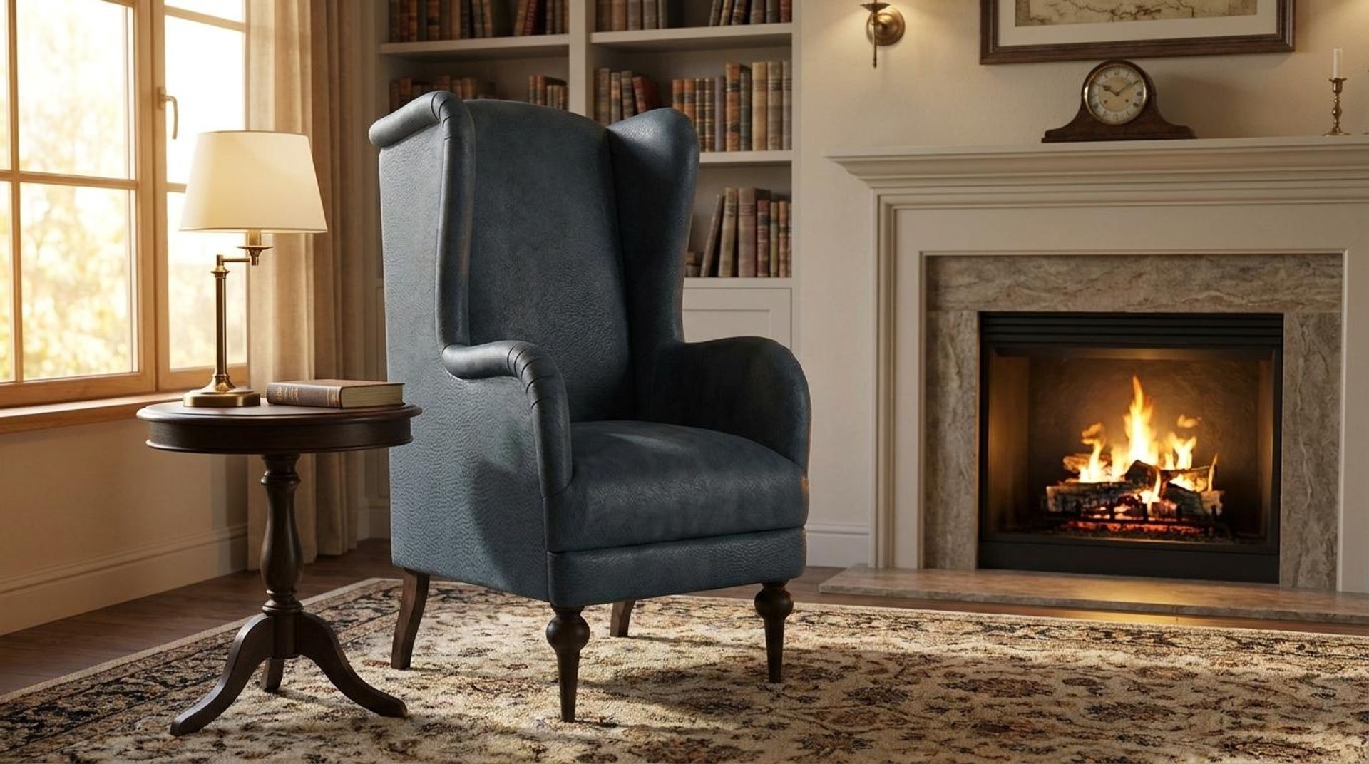 Lydia Accent Chair, Coco Walnut Legs Essential Vintage Blue Upholstery