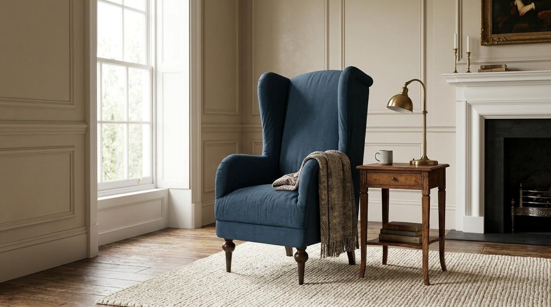 Lydia Accent Chair, Coco Walnut Legs Essential Aegean Blue Upholstery
