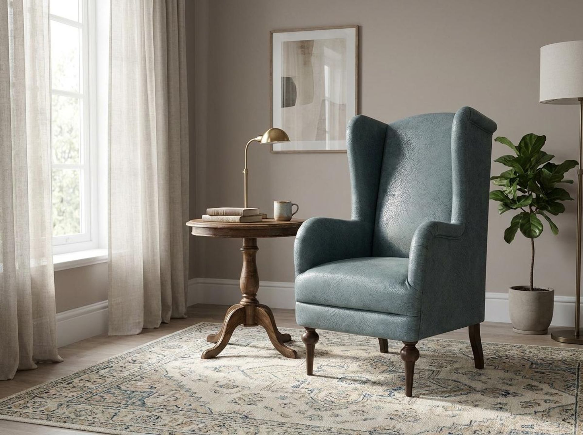 Lydia Accent Chair, Coco Walnut Legs Essential Teal Mist Upholstery