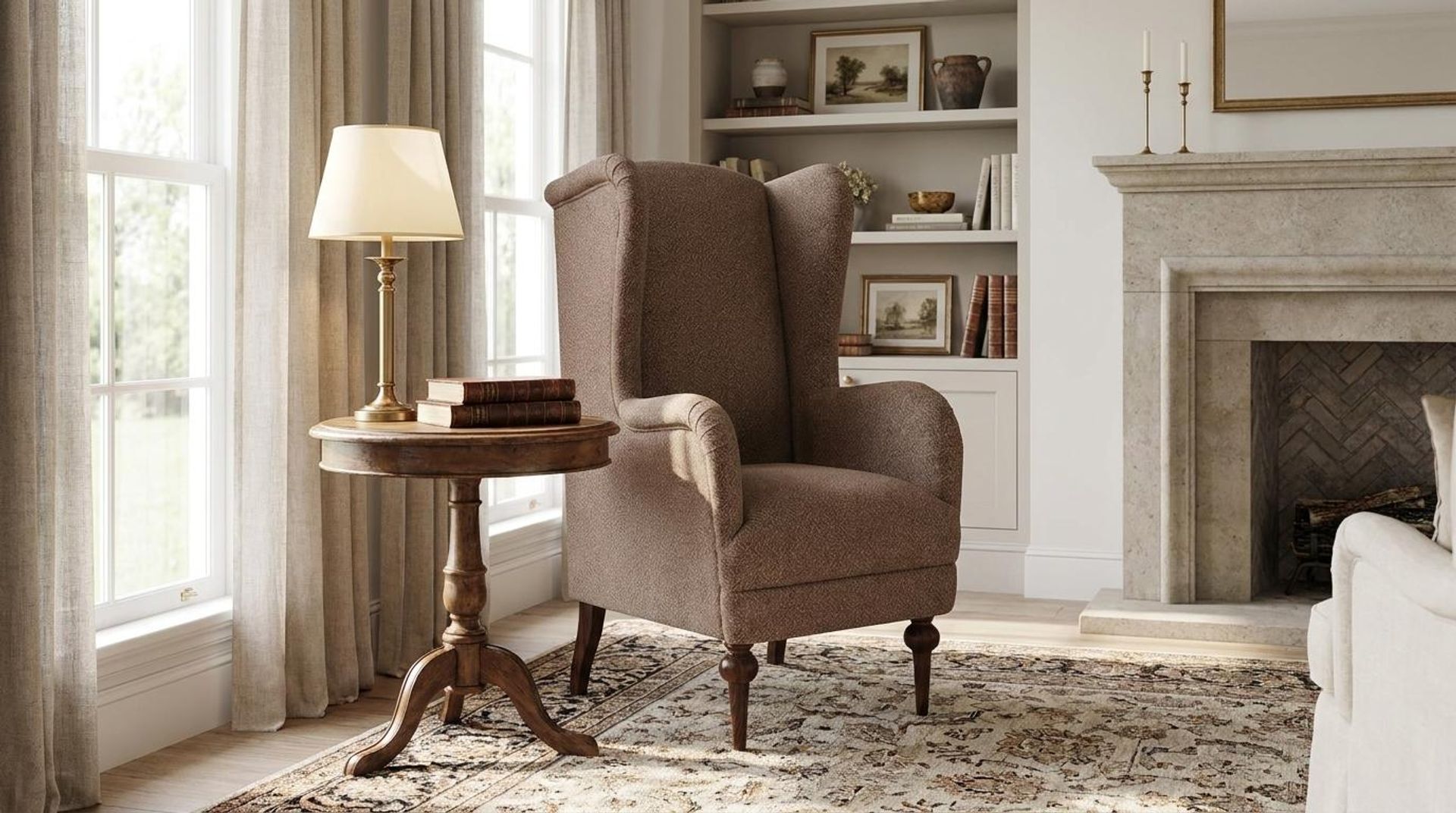 Lydia Accent Chair, Coco Walnut Legs Essential Ballet Slipper Upholstery