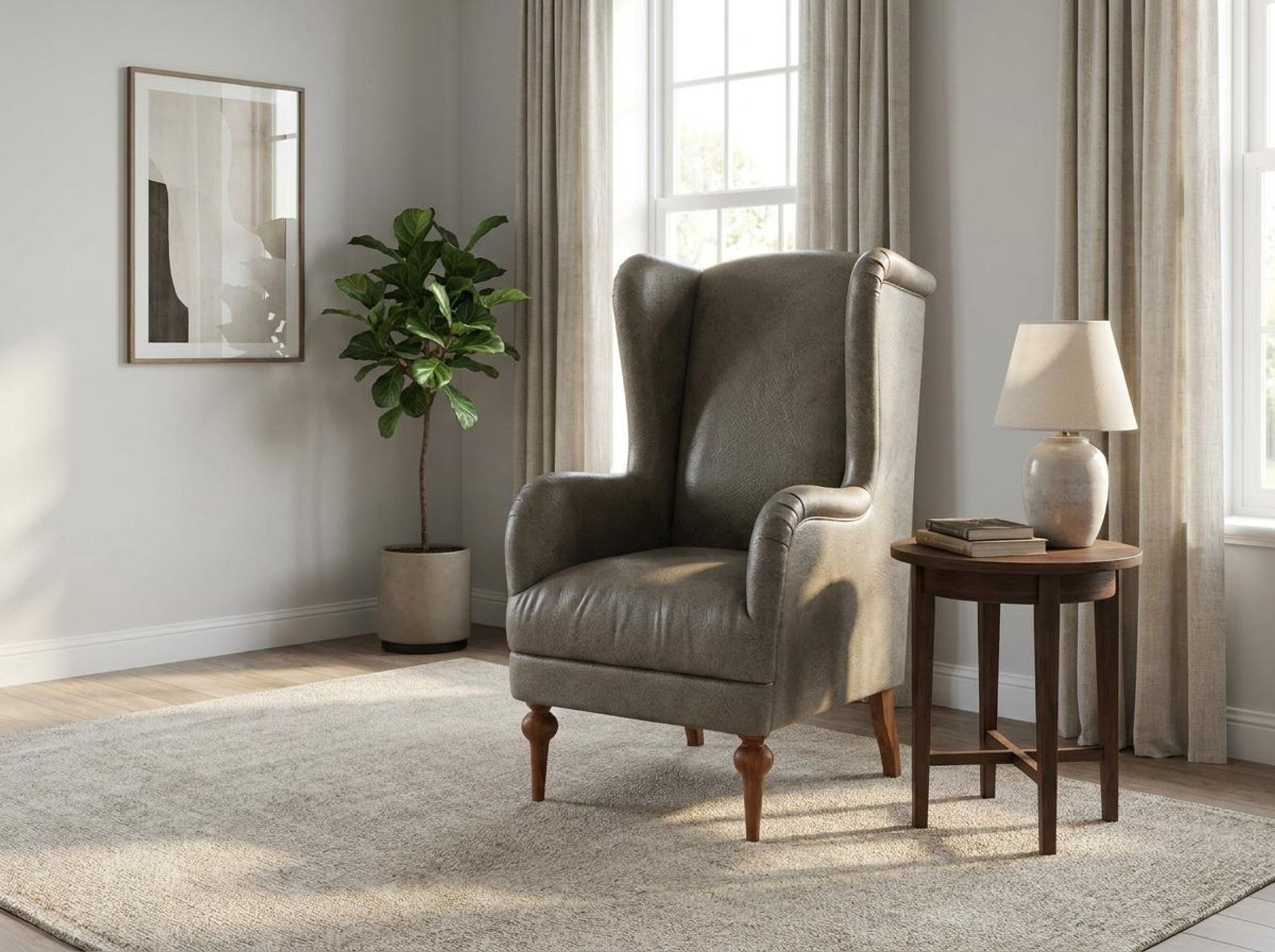 Lydia Accent Chair, Warm Cedar Legs Essential Biscuit Upholstery