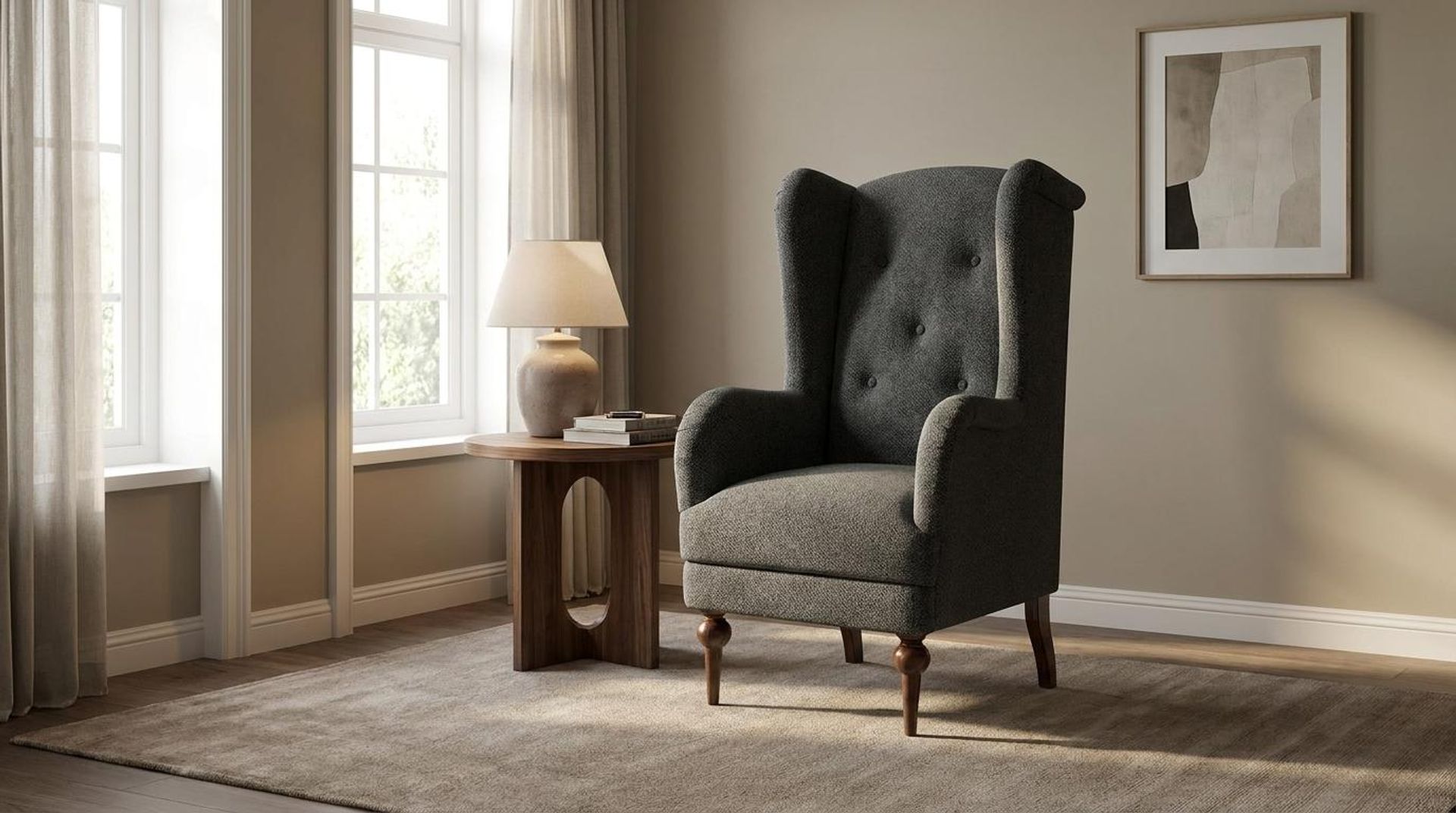 Lydia Accent Chair, Warm Cedar Legs Essential Frost Upholstery
