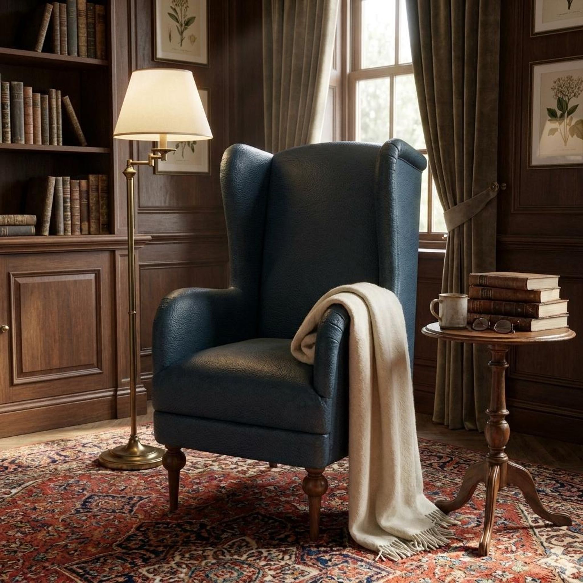 Lydia Accent Chair, Warm Cedar Legs Essential Vintage Blue Upholstery