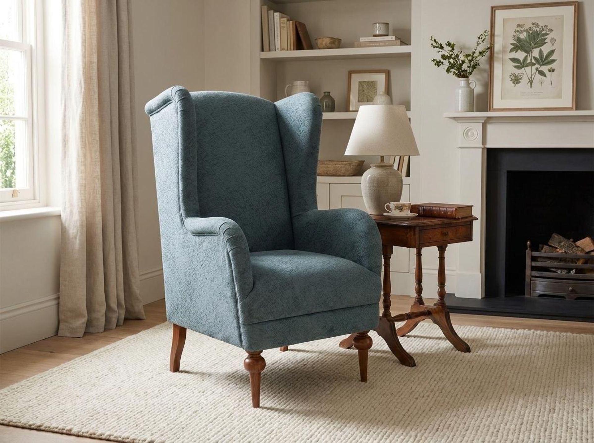 Lydia Accent Chair, Warm Cedar Legs Essential Teal Mist Upholstery
