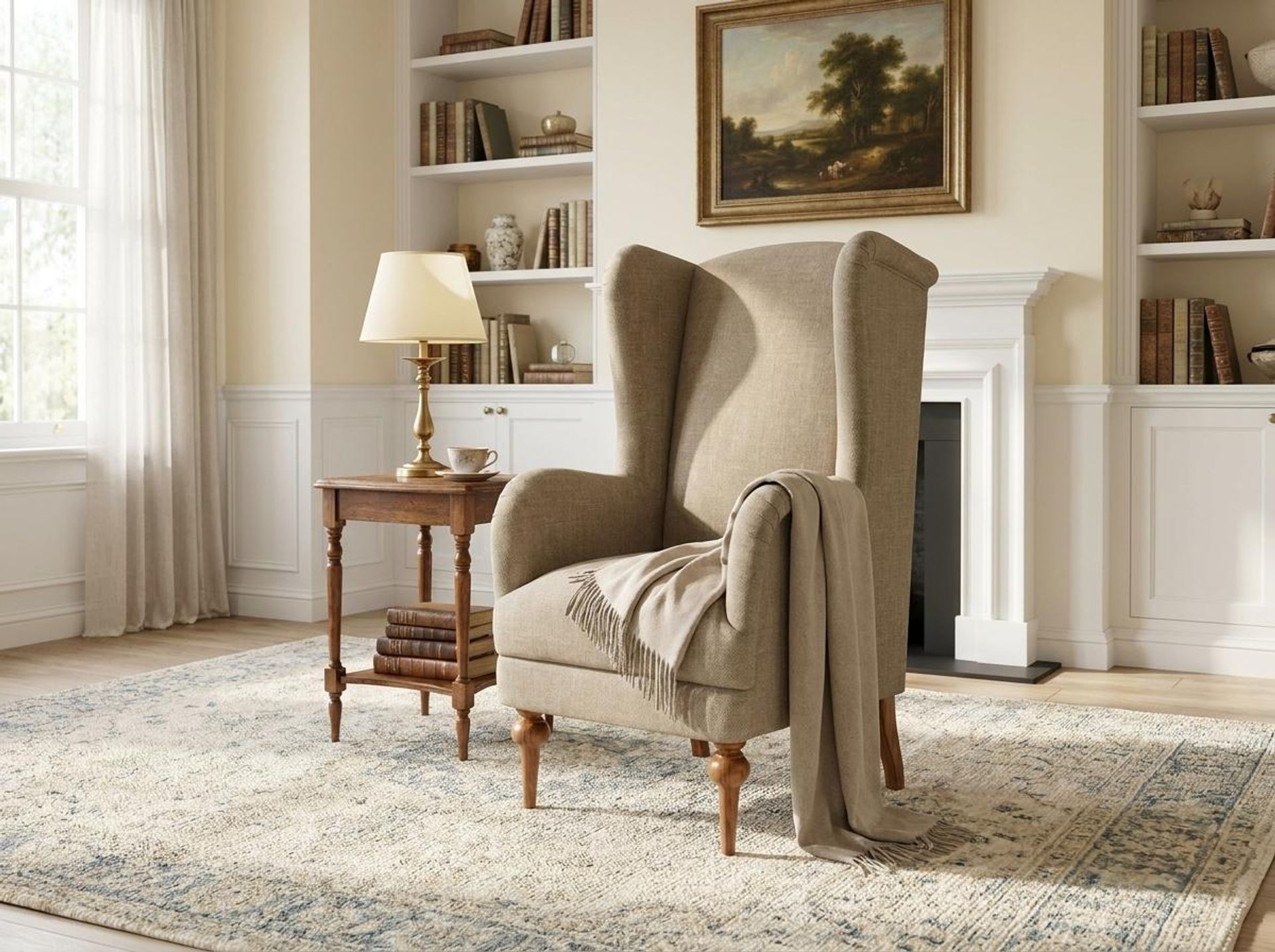 Lydia Accent Chair, Warm Cedar Legs Premium Dusky Biege Upholstery