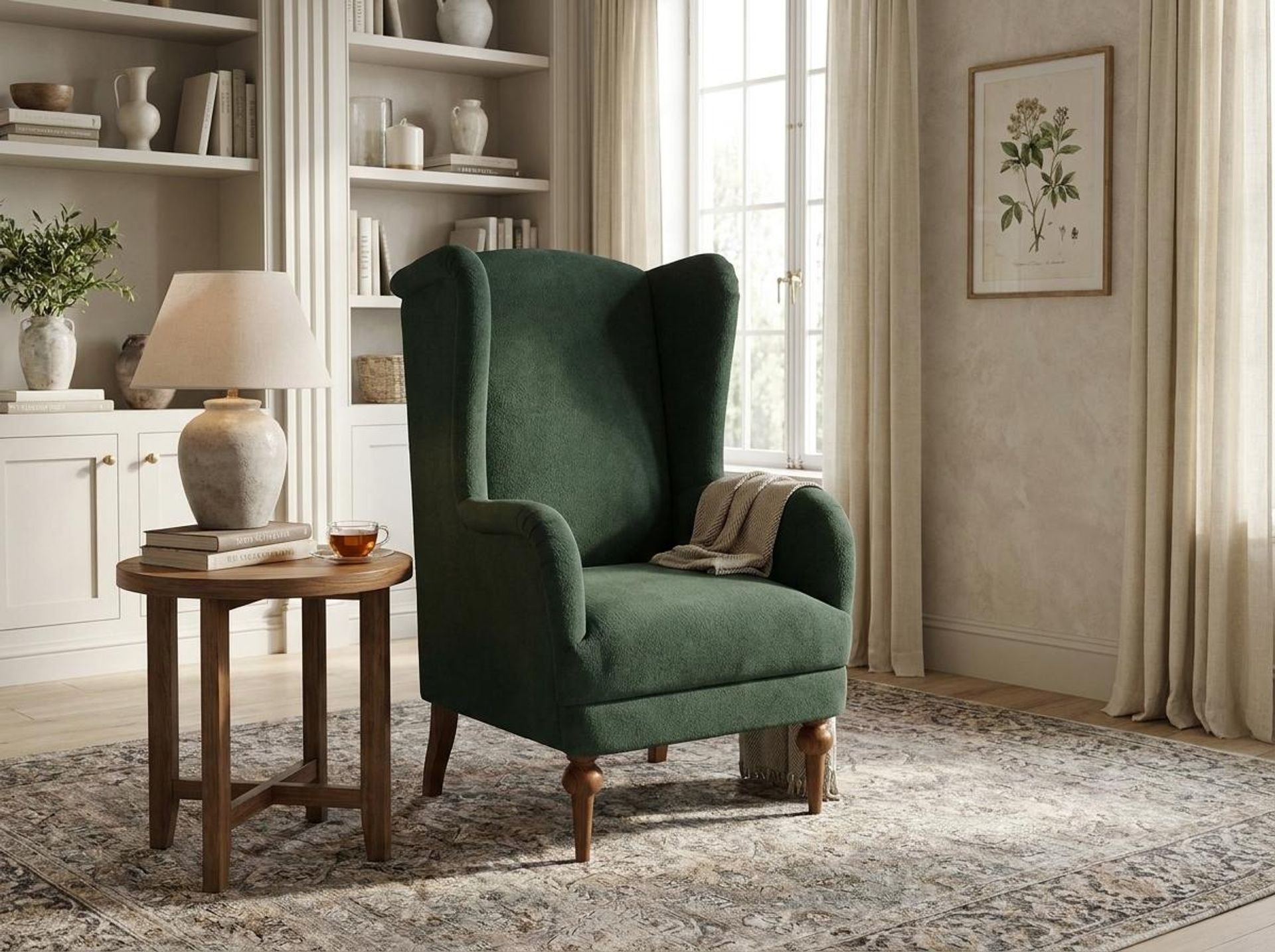 Lydia Accent Chair, Warm Cedar Legs Premium Powder green Upholstery