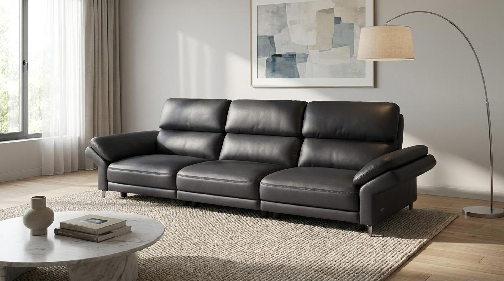 Olympus Relaxed Seat, 3 Seater Sofa, Mellow Black Leather Essential