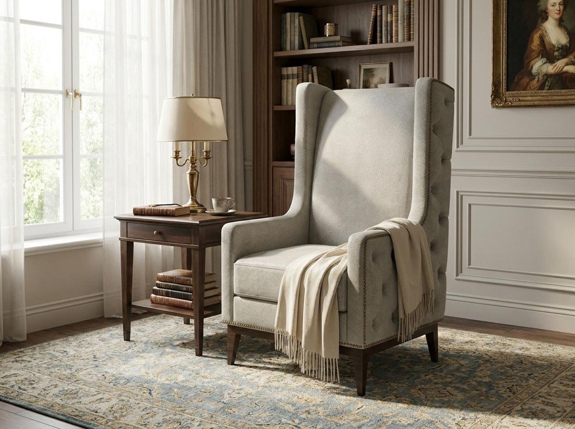 Tasha Tufted Accent Chair, Coco Walnut Legs Essential Bone Upholstery