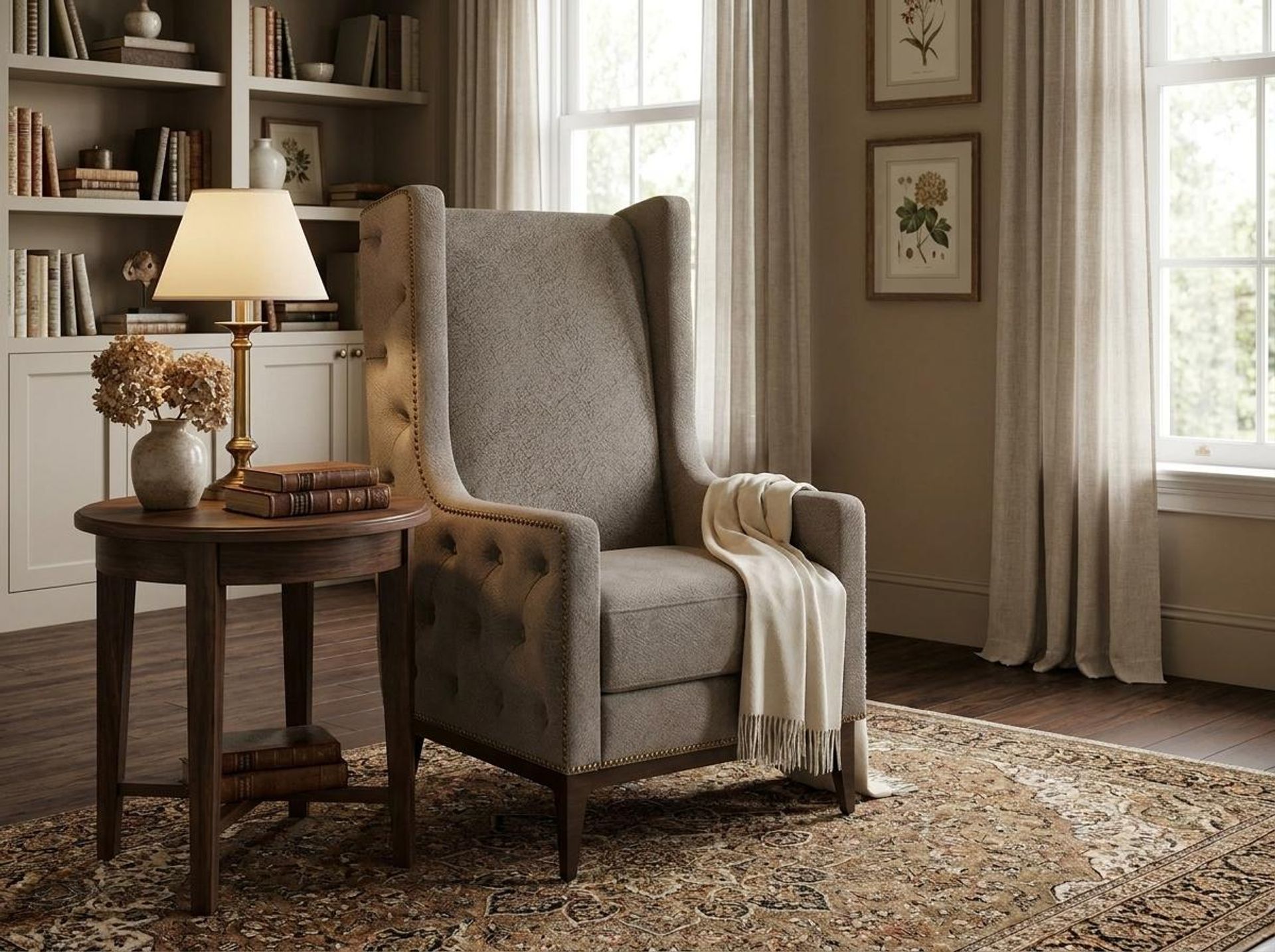 Tasha Tufted Accent Chair, Coco Walnut Legs Essential Biscuit Upholstery