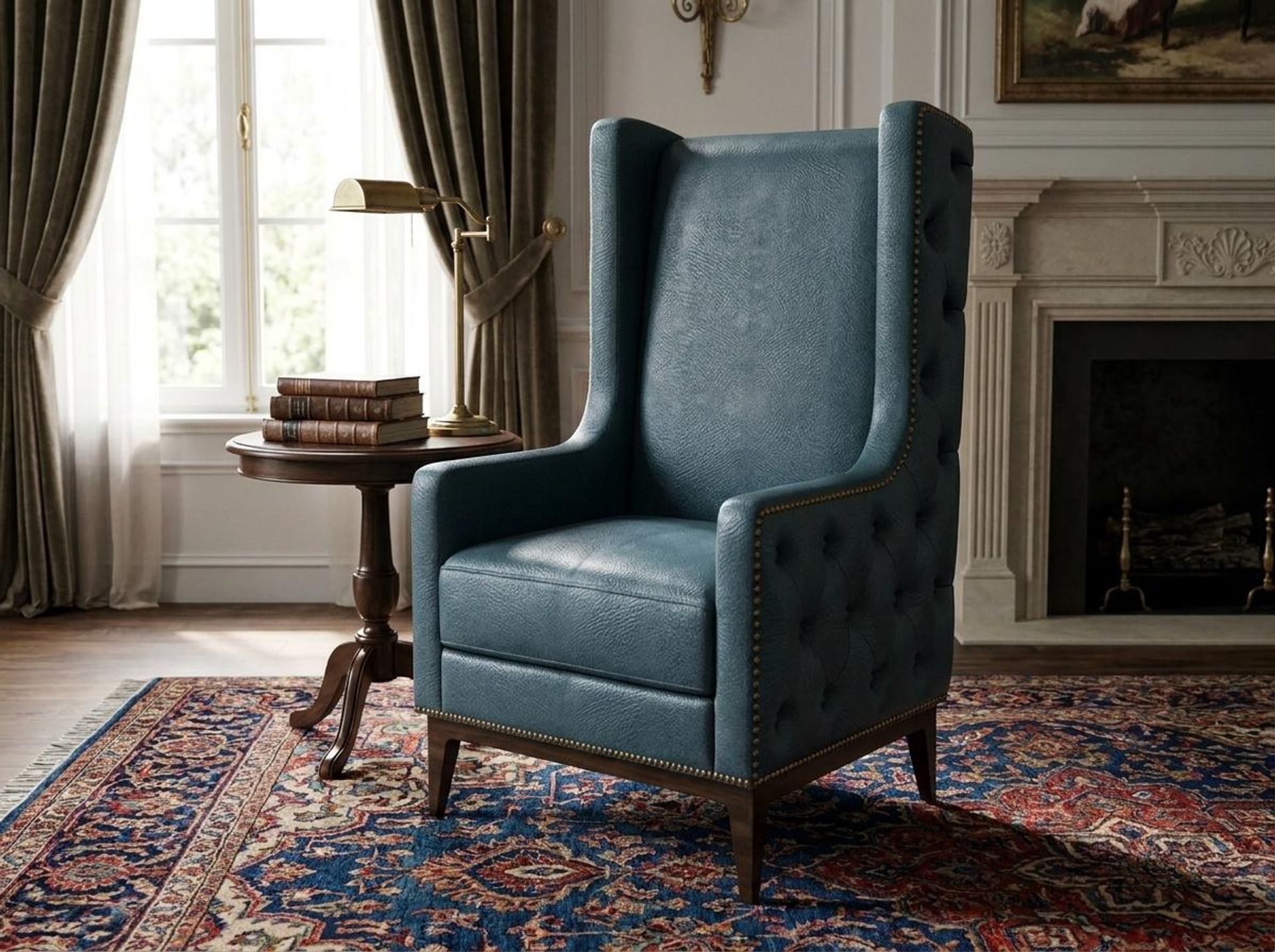 Tasha Tufted Accent Chair, Coco Walnut Legs Essential Vintage Blue Upholstery