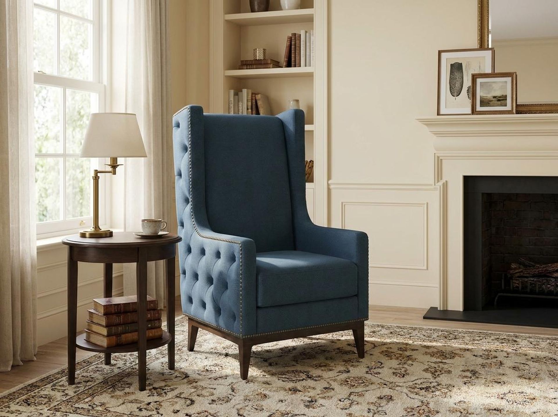 Tasha Tufted Accent Chair, Coco Walnut Legs Essential Aegean Blue Upholstery