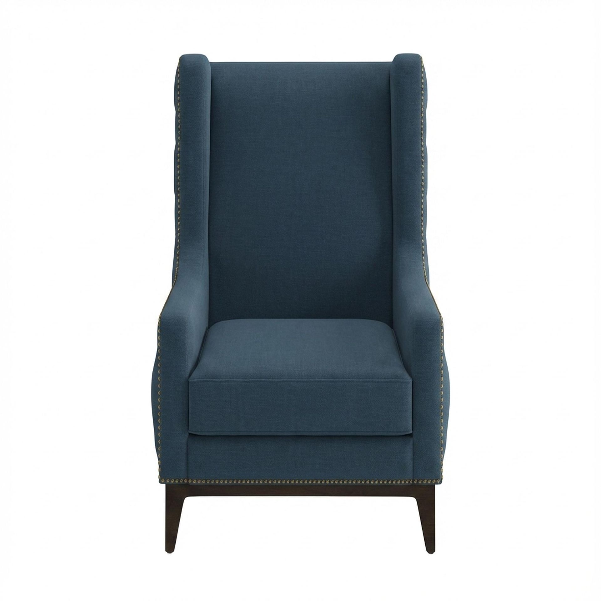 Tasha Tufted Accent Chair, Coco Walnut Legs Essential Aegean Blue Upholstery